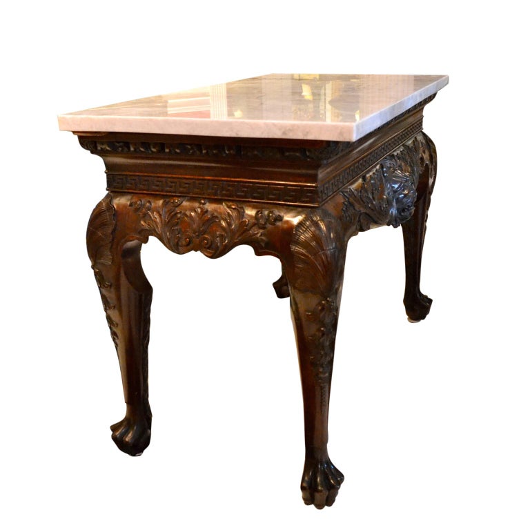 Hand-Carved 19th Century Irish Chippendale Style Marble-Topped Mahogany Centre Hall Table For Sale