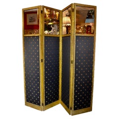 19 Century Louis XVI Style Folding Four Panel Gilt Framed Fabric Screen