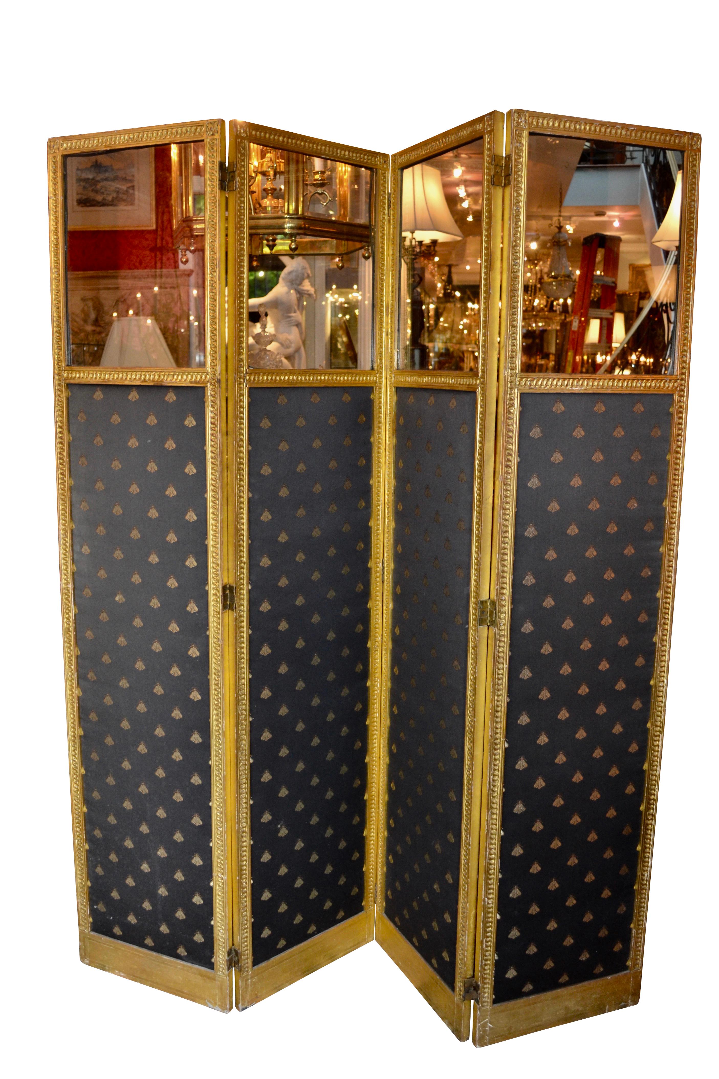 19 Century Louis XVI Style Folding Four Panel Gilt Framed Fabric Screen In Good Condition In Vancouver, British Columbia