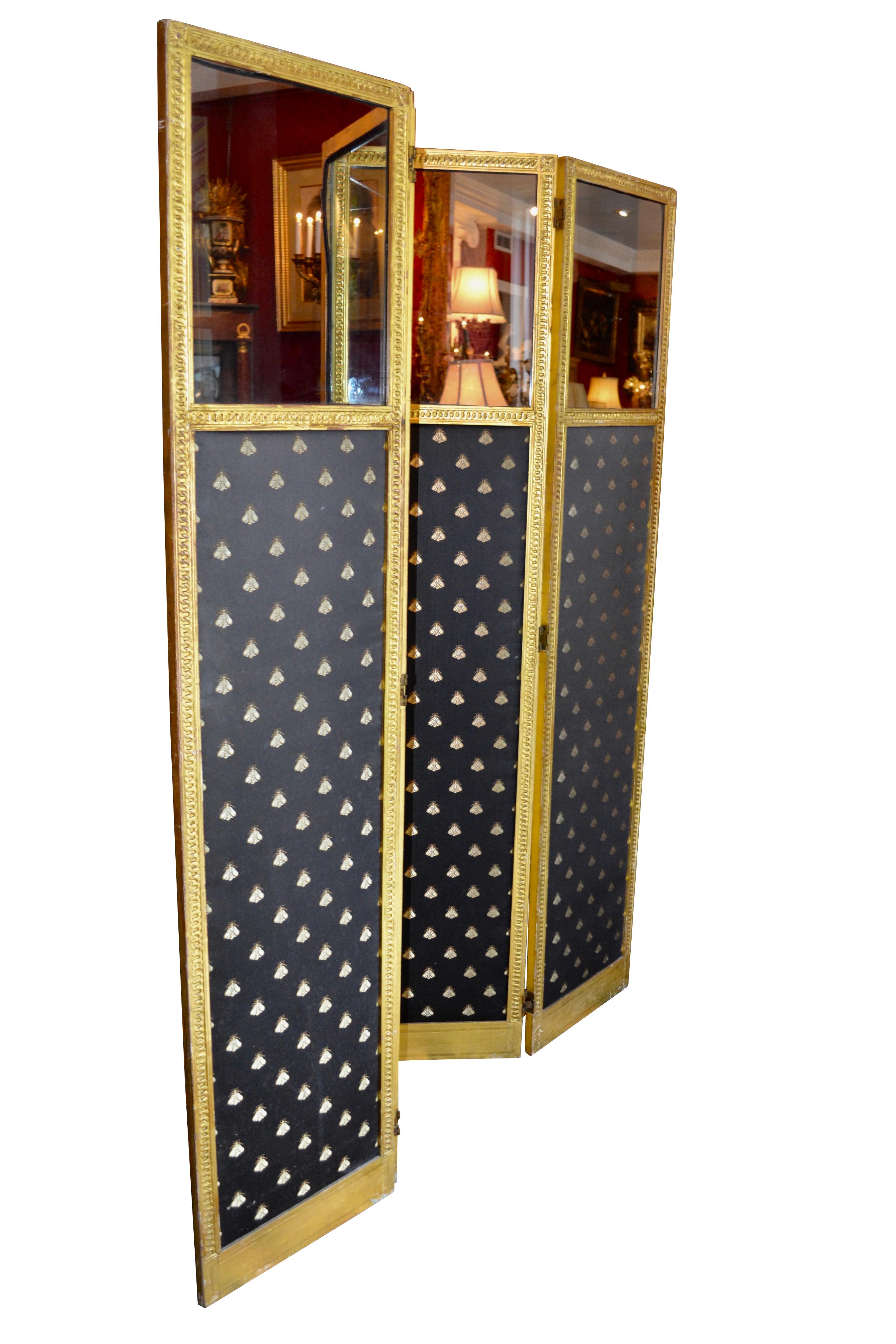 19th Century 19 Century Louis XVI Style Folding Four Panel Gilt Framed Fabric Screen