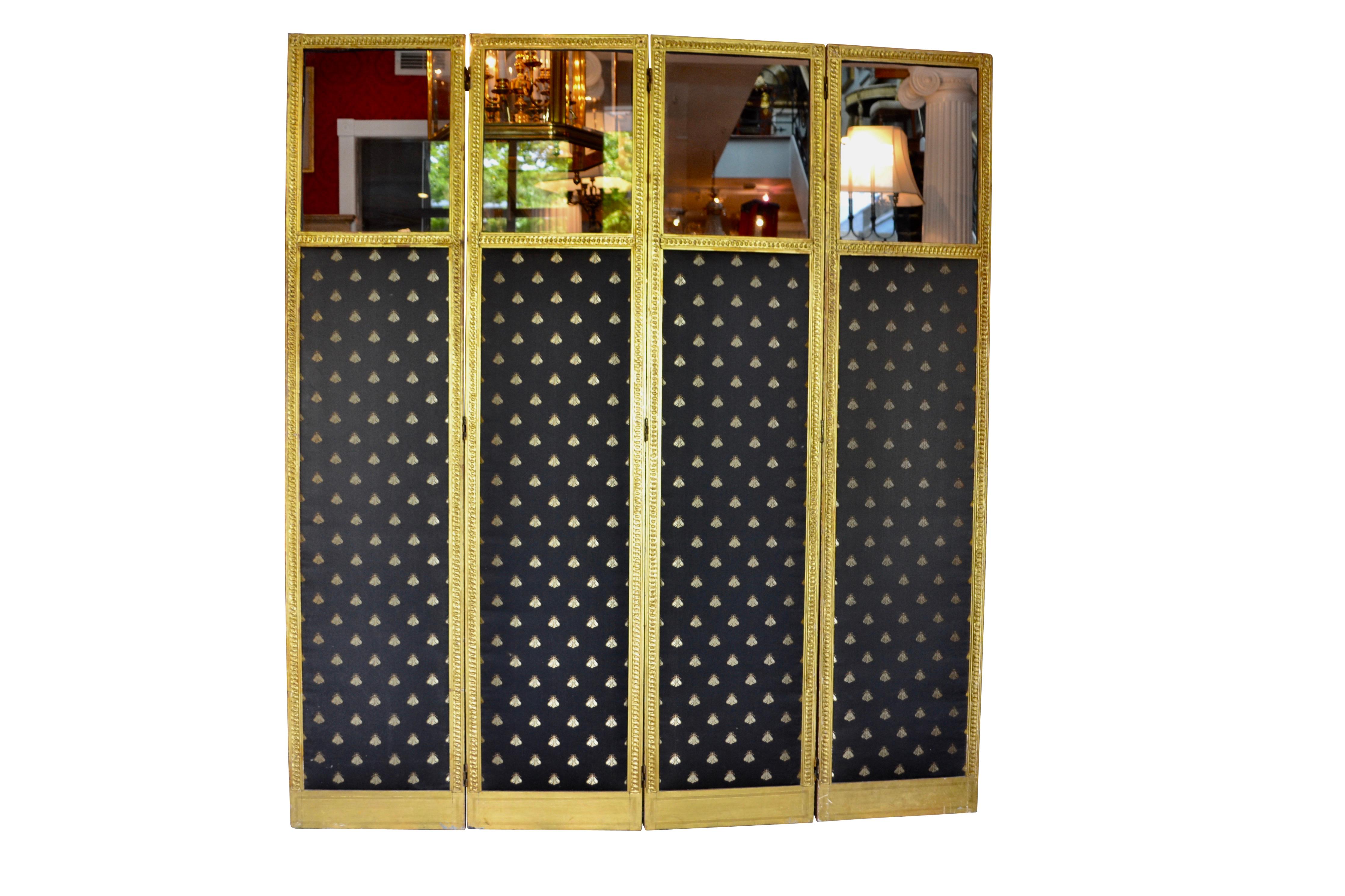 19 Century Louis XVI Style Folding Four Panel Gilt Framed Fabric Screen 1