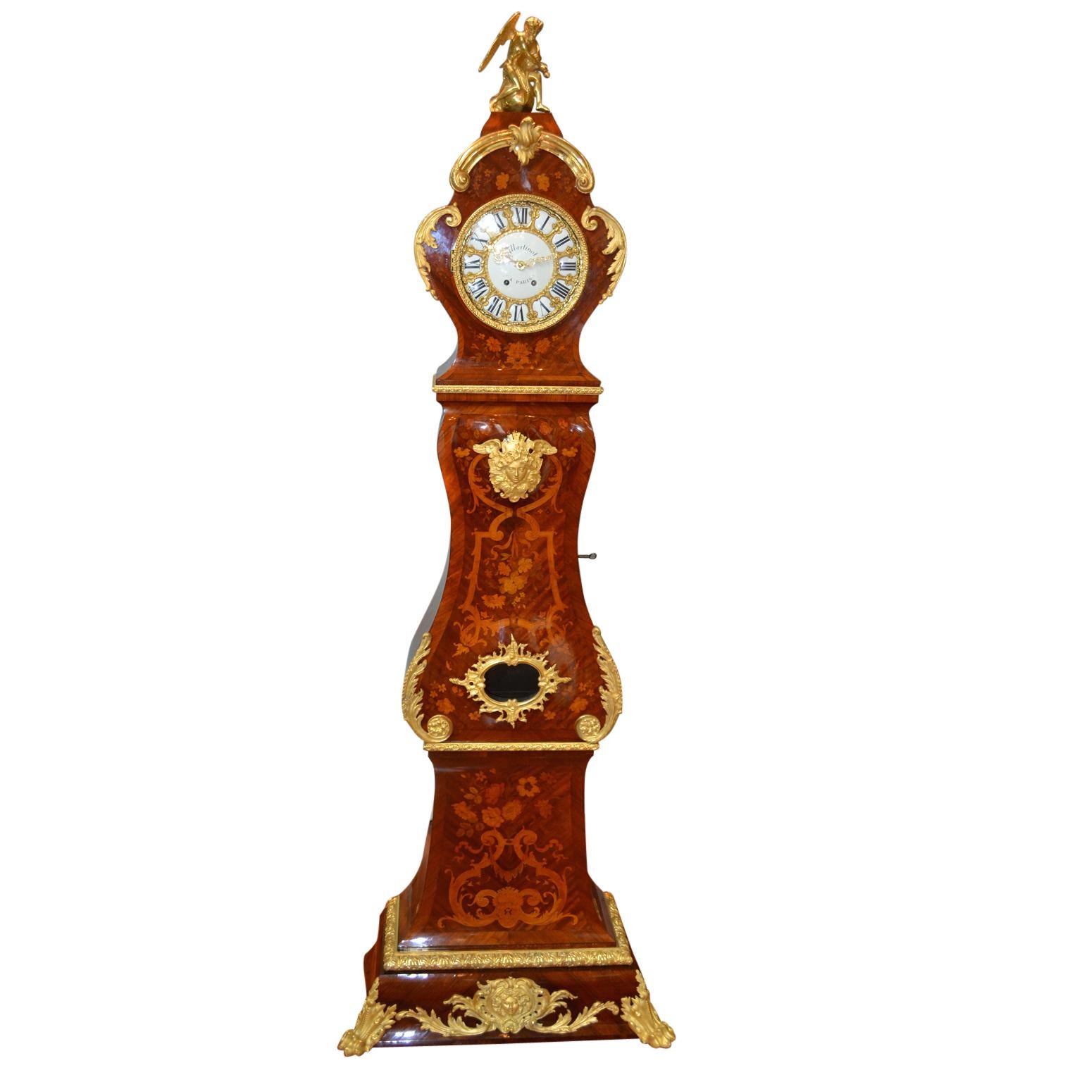 19th Century  KIngwood Marquetry and Gilt Bronze Longcase Clock signed Martinot In Good Condition In Vancouver, British Columbia