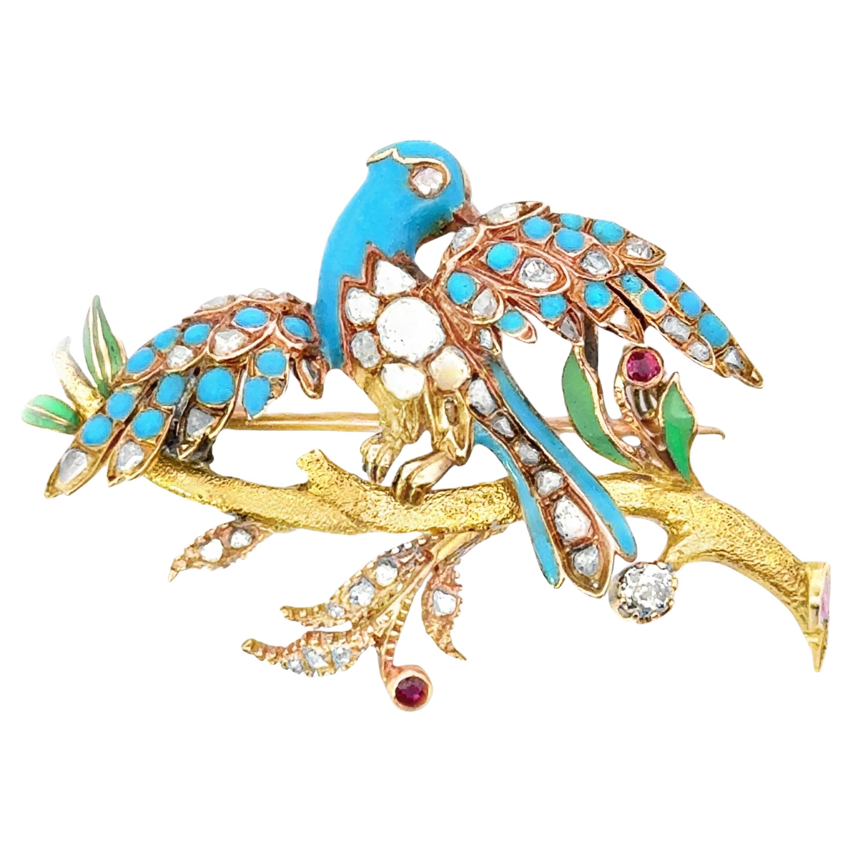 Eine 1900 18K Gelbgold Gemset Türkis Vogel Brosche