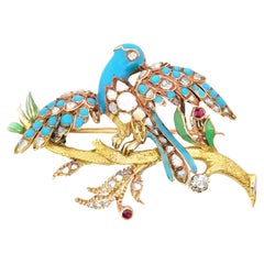 A 1900 18K Yellow Gold Gemset Turquoise Bird Brooch