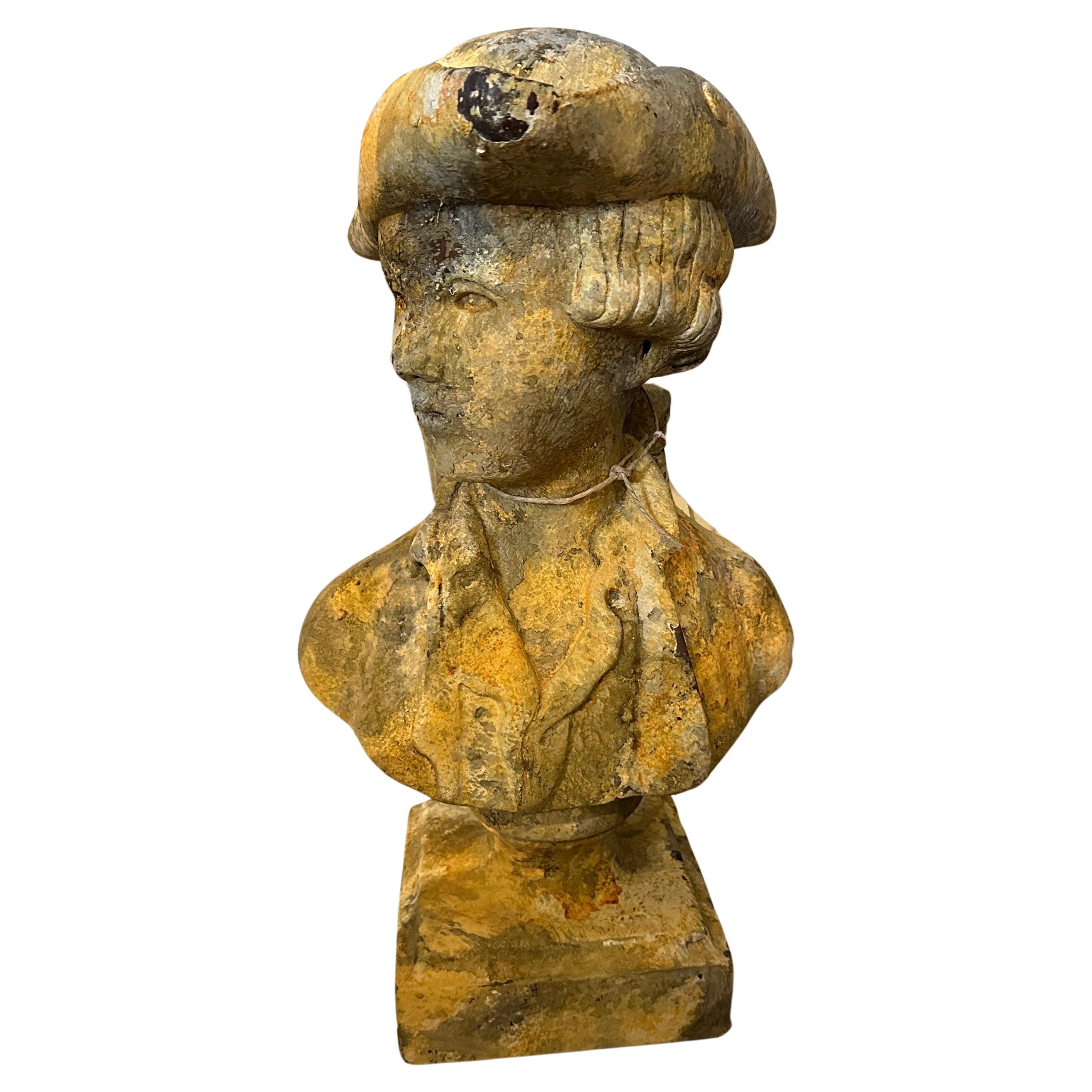 A 1900s Art Nouveau Patinated Wood Italian Bust of a Young Boy For Sale