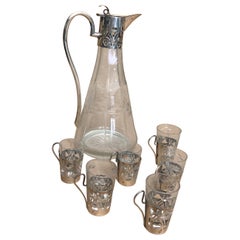 A 1900s Art Nouveau Sterling Silver and Engraved Crystal Liquor Set
