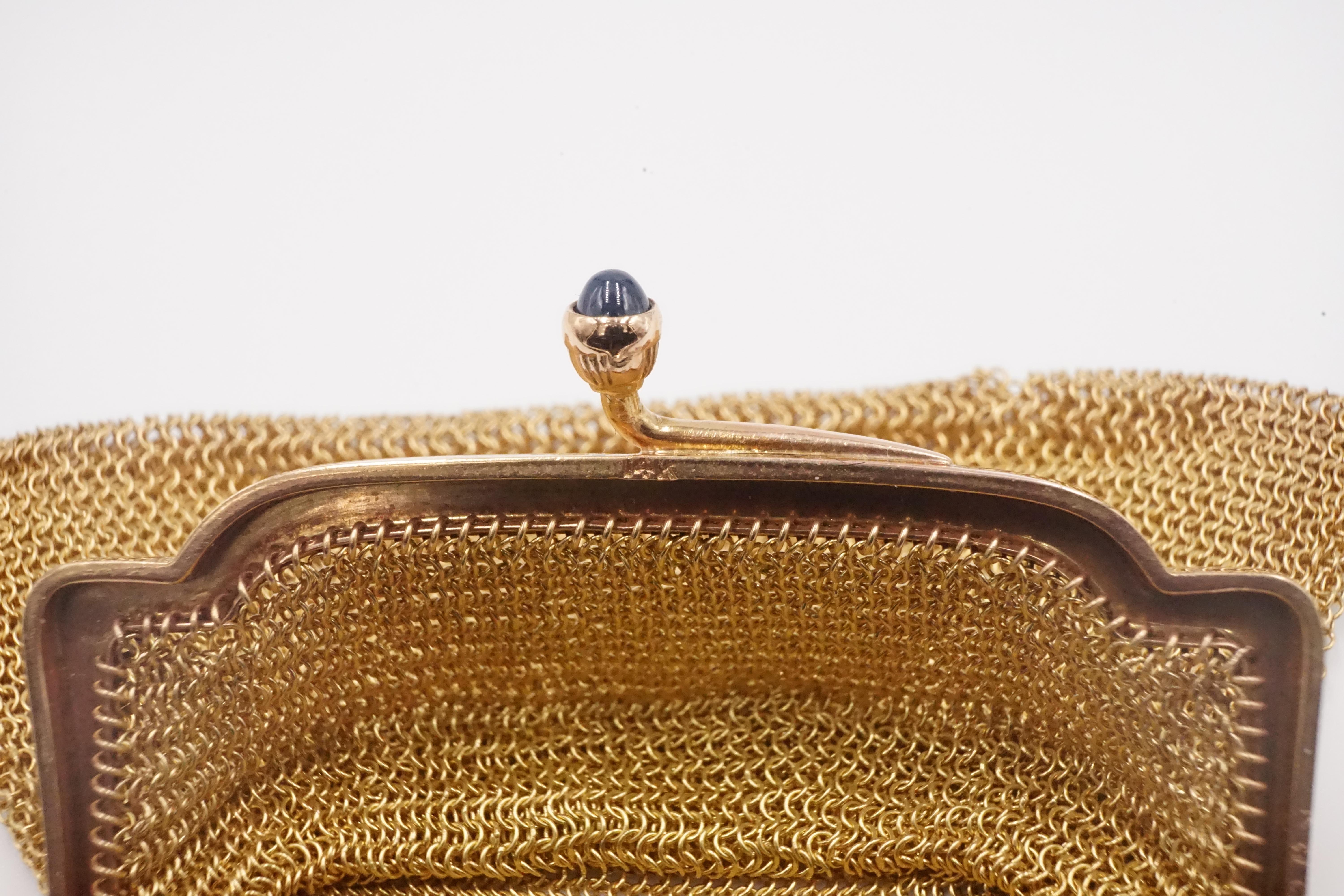 Cabochon 1900s Cartier Sapphire and 14 Carat Gold Mesh Bag