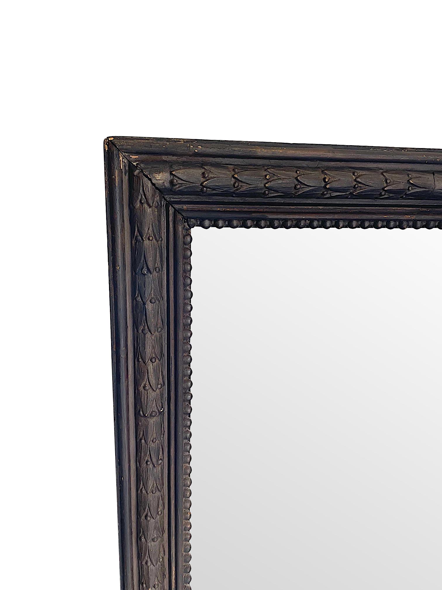 Early 20th Century 1900's French Ebonzied Acanthus Leaf Carved Wooden Mirror with Original Plate