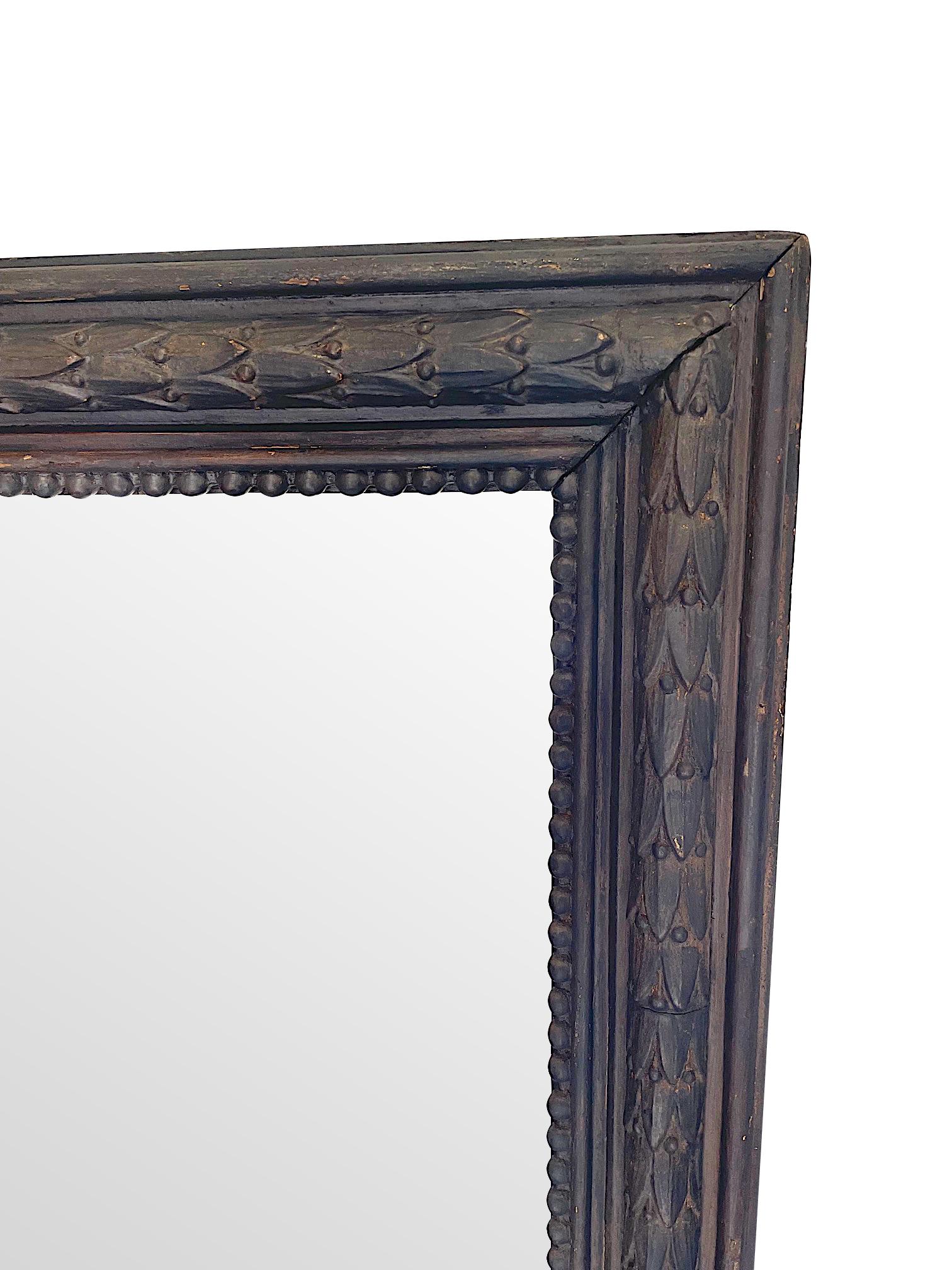 1900's French Ebonzied Acanthus Leaf Carved Wooden Mirror with Original Plate 2