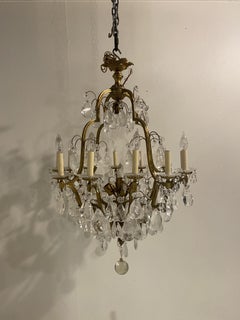 1900's French Gilt Bronze Chandelier with Rock Crystal hangings