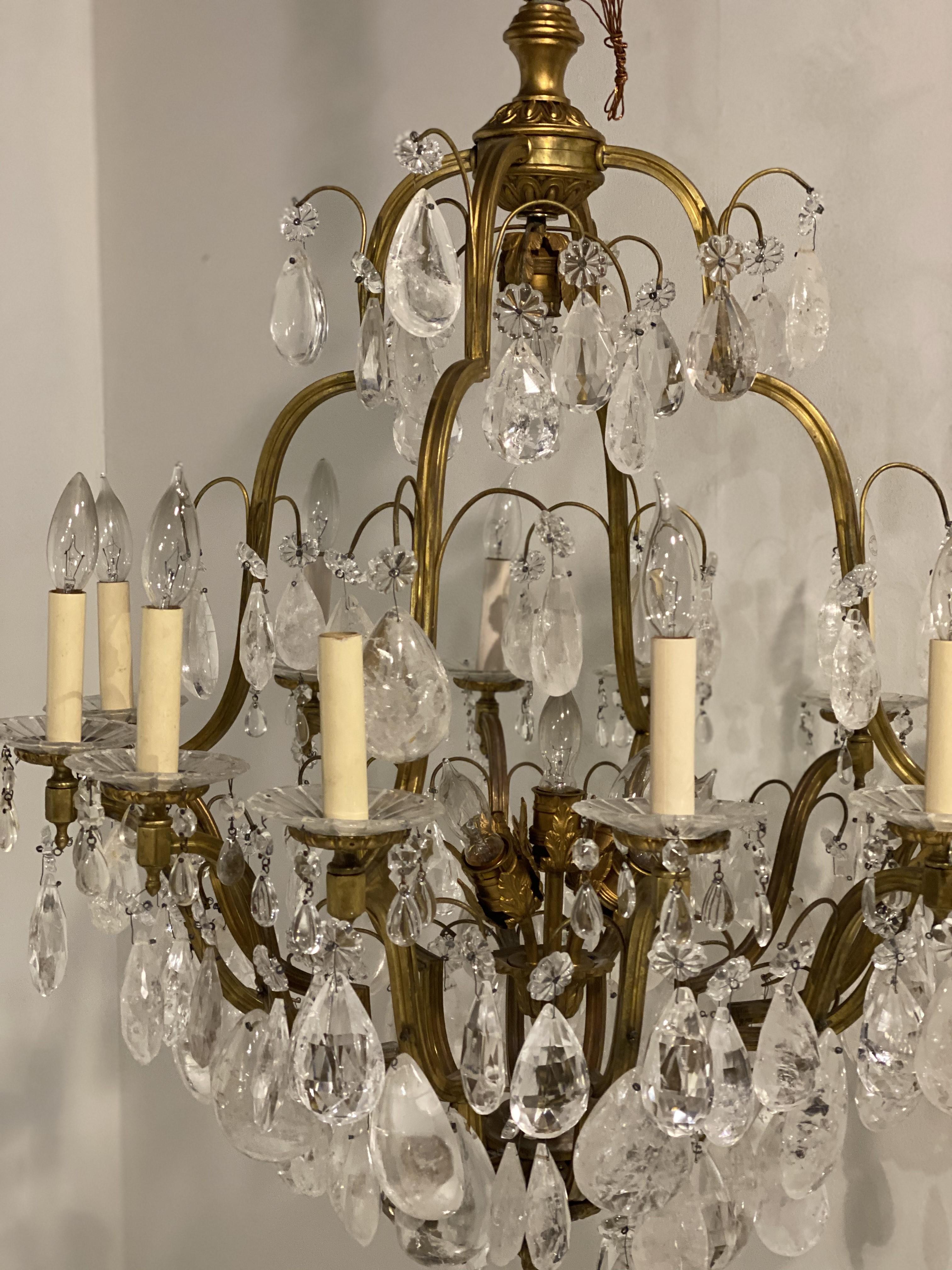 Early 20th Century 1900's French Gilt Bronze Chandelier with Rock Crystal hangings For Sale