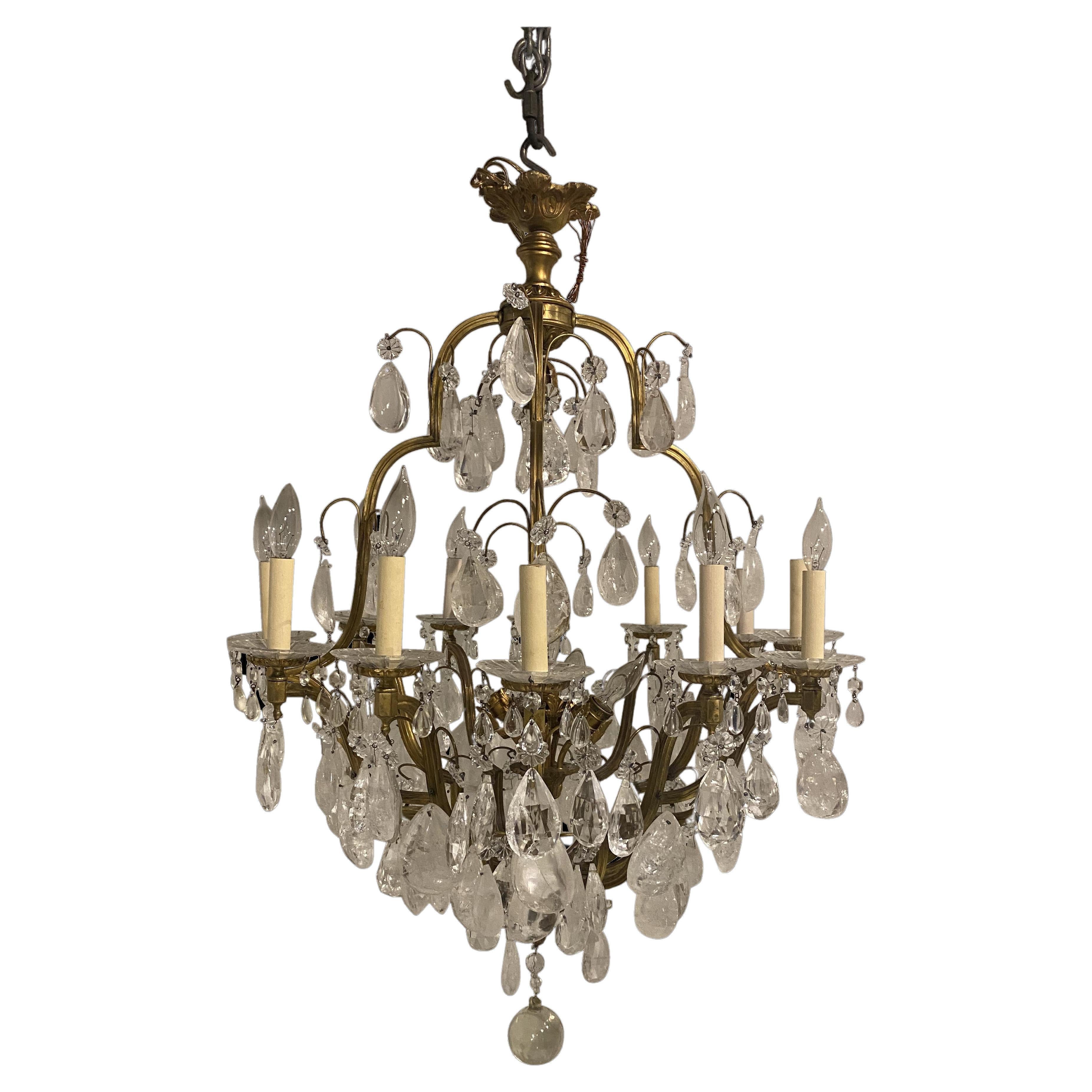 Lustre français en bronze doré avec suspensions en cristal de roche, datant de 1900