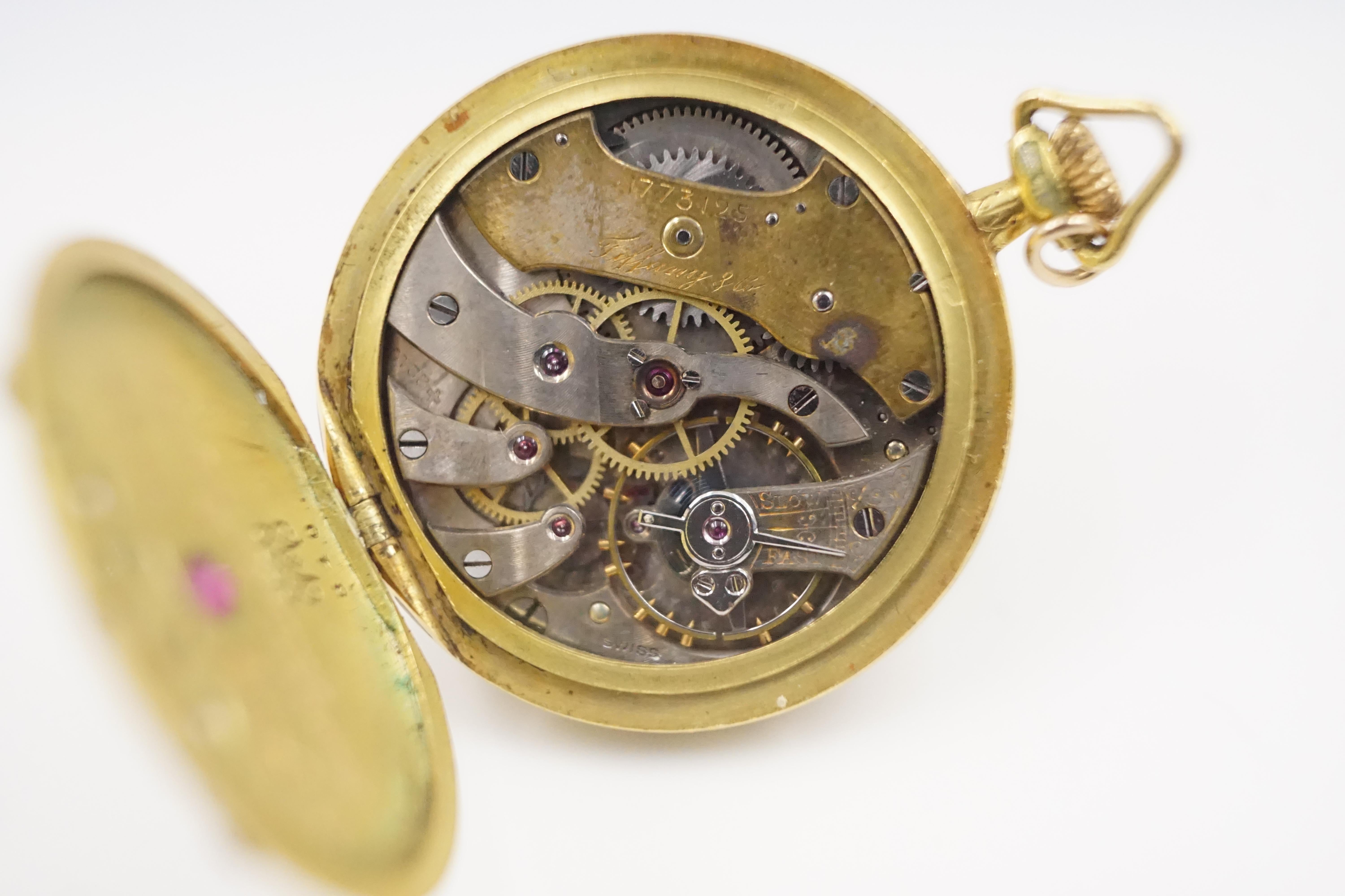 Art Nouveau 1906 Tiffany & Co. Diamond, Natural Ruby and Enamel 18 Carat Gold Pocket Watch For Sale