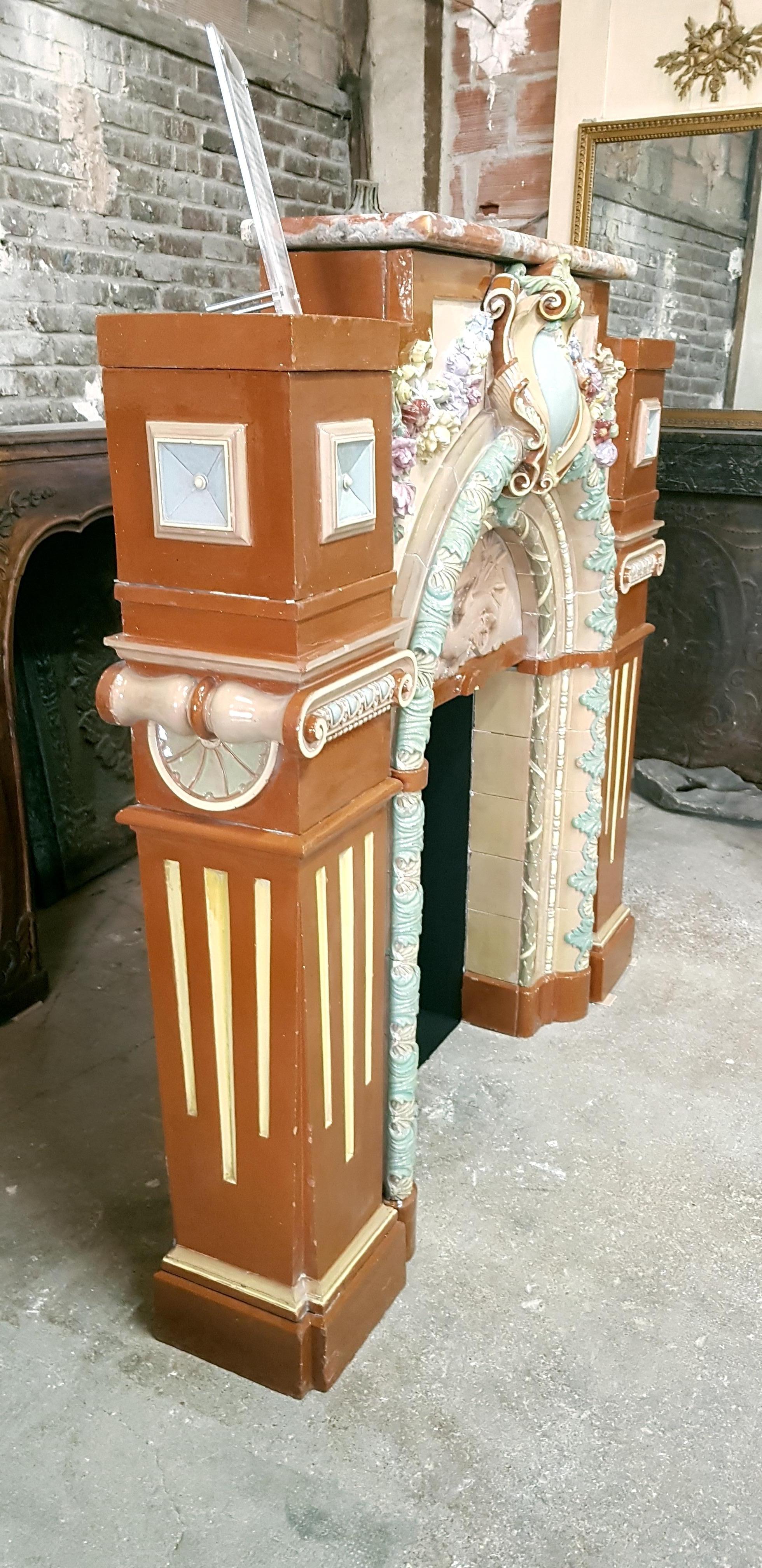 French 1910 Polychrome Earthenware and Terracotta Mantel For Sale