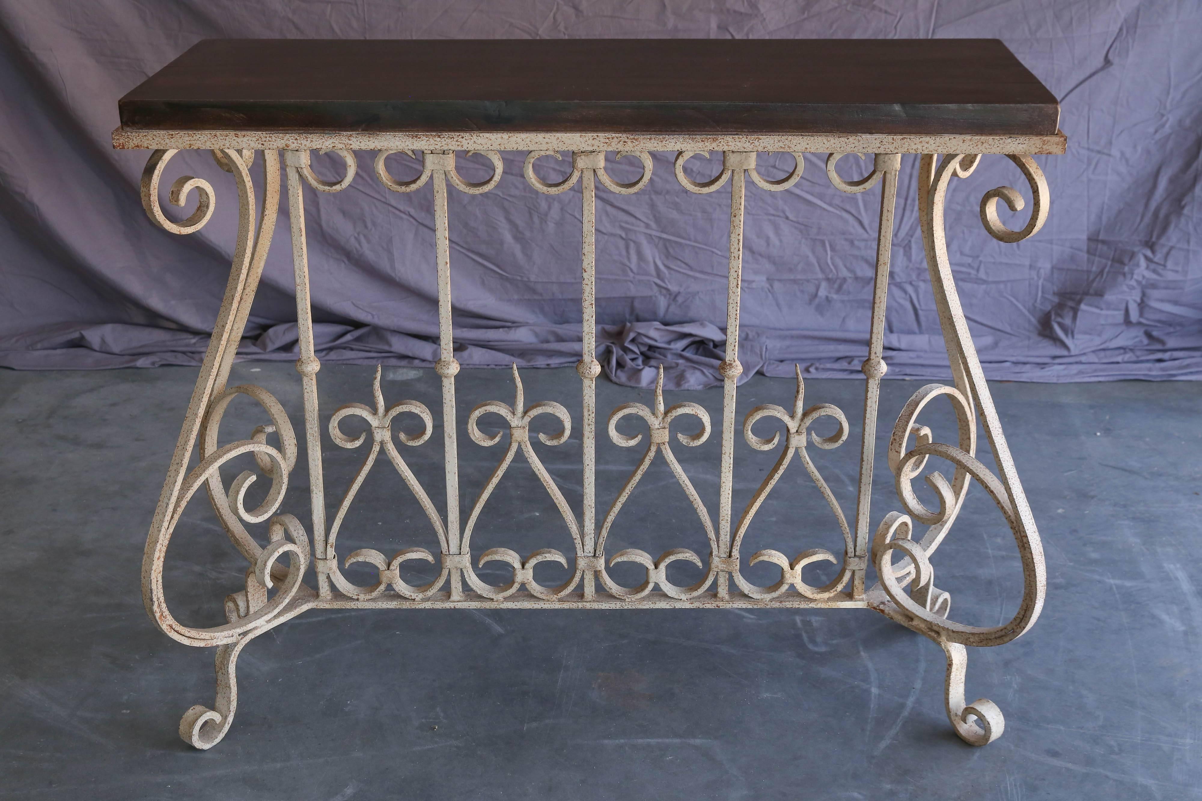 Romantic 1910s Solid Teak Wood and Hand-Forged Wrought Iron Decorative Console Table For Sale