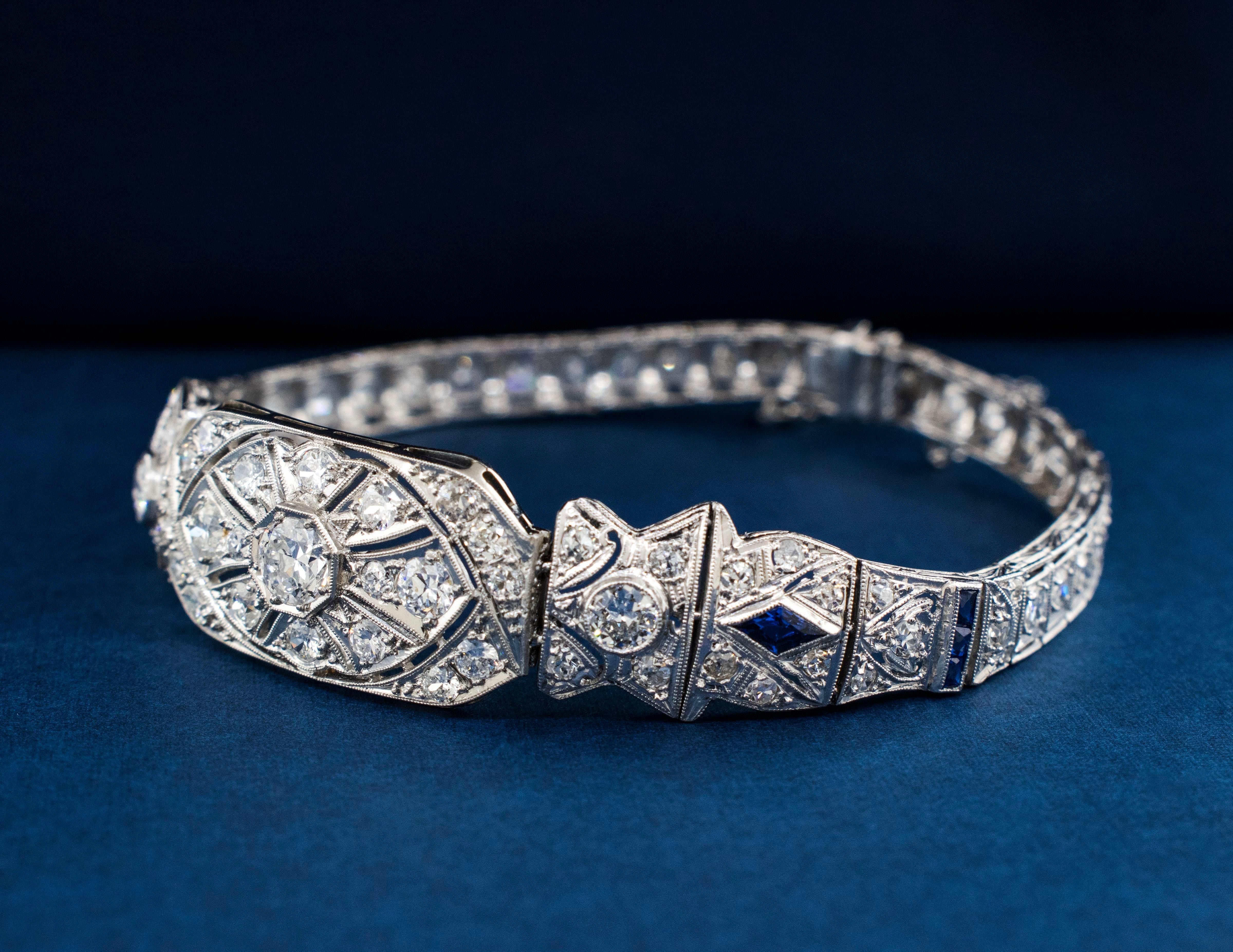 Old European Cut A 1920's Art Deco Platinum Bracelet with Diamonds and Sapphires For Sale