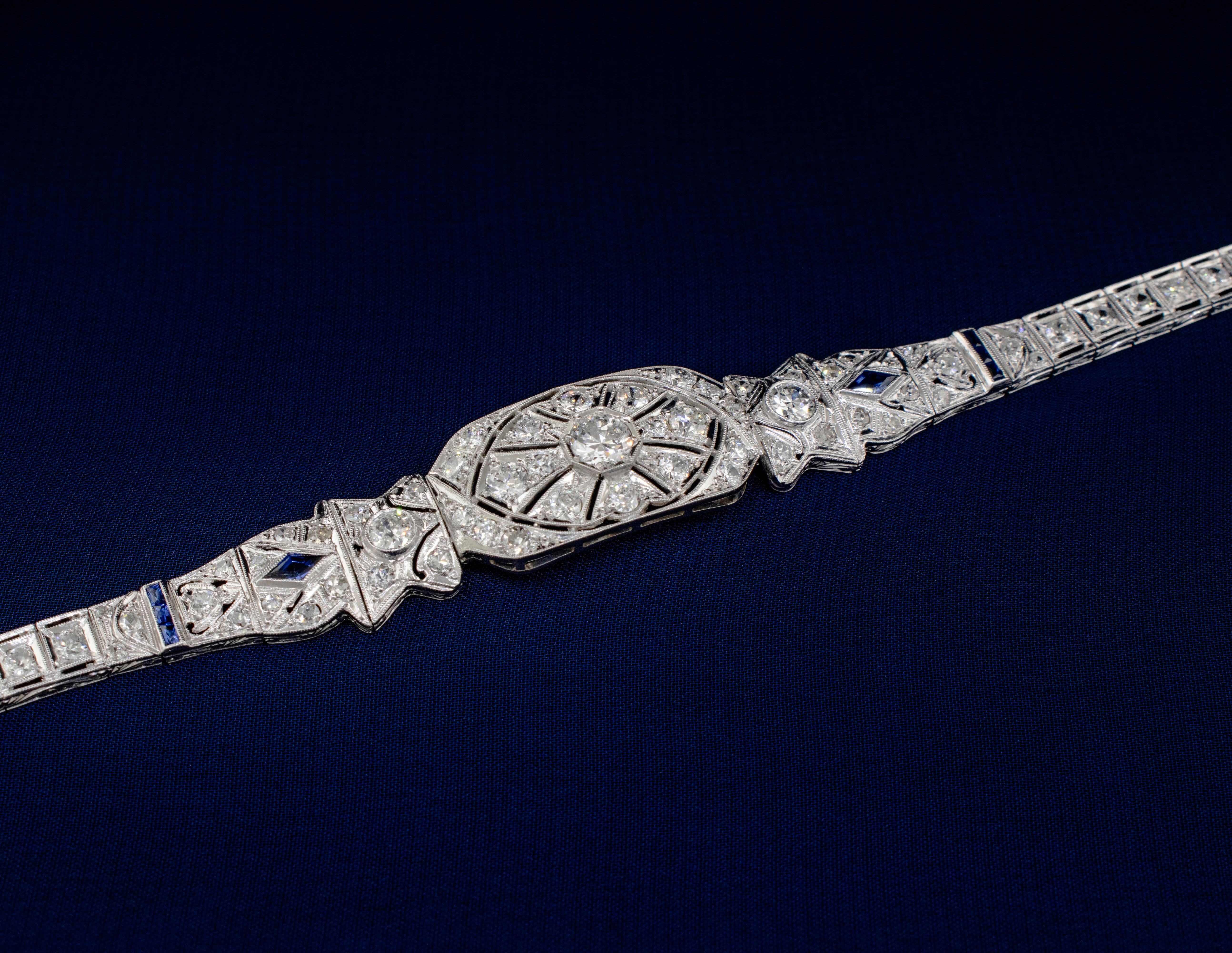 A 1920's Art Deco Platinum Bracelet with Diamonds and Sapphires In Good Condition For Sale In Boone, NC