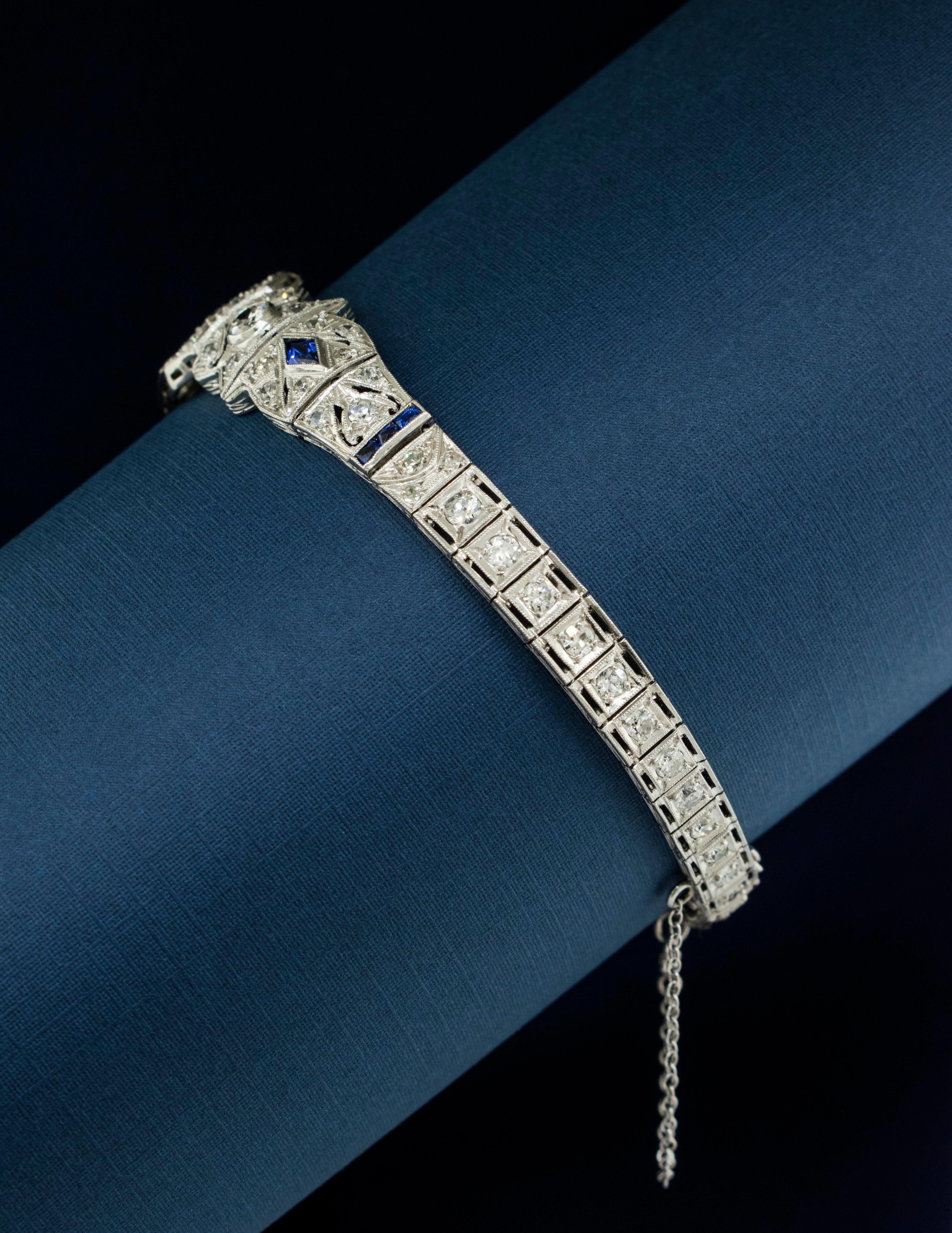 A 1920's Art Deco Platinum Bracelet with Diamonds and Sapphires For Sale 1