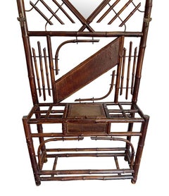 1920s Bamboo Coat and Hat Stand with Central Mirror and Umbrella Stand