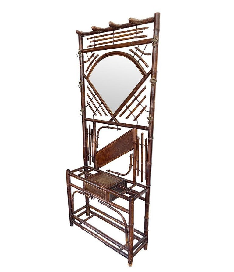 1920s Bamboo Coat and Hat Stand with Central Mirror and Umbrella Stand