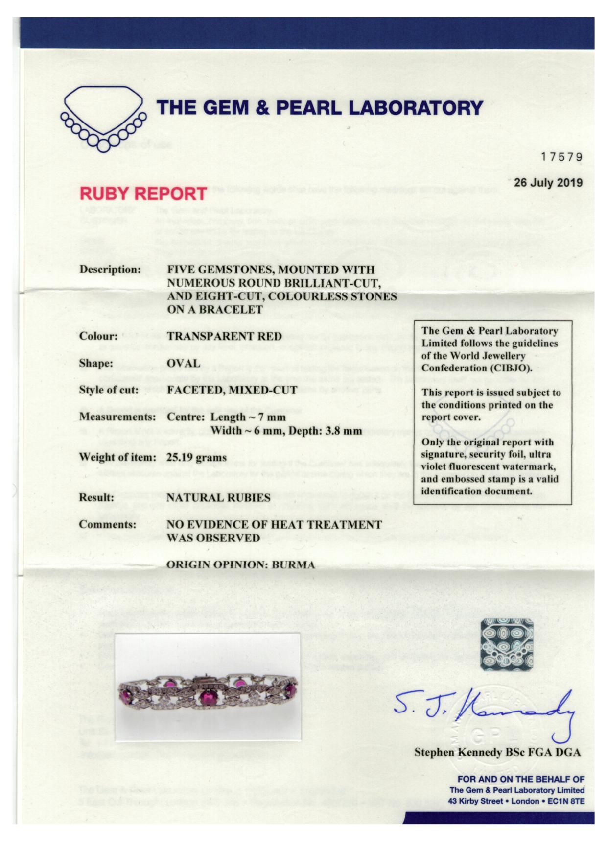 A 1920's Certificated Burmese Ruby and Diamond Bracelet
The bracelet comprises of 5 certificated Burmese rubies of approximately 5 carats. The rubies have been certificated by the Gem and Pearl Laboratory of Great Britain.
There are a further 5