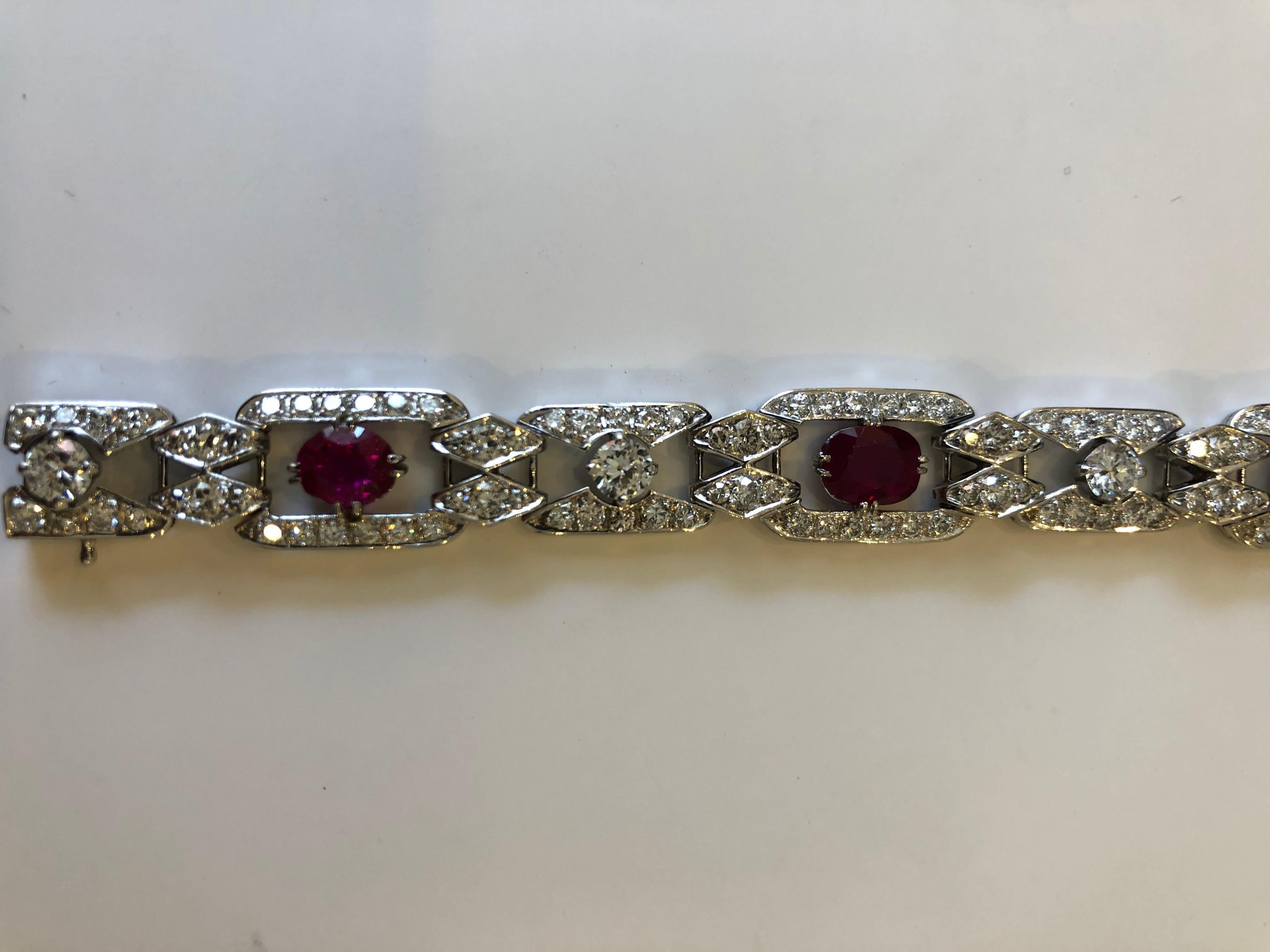 Cushion Cut 1920s Certificated Burmese Ruby and Diamond Bracelet For Sale