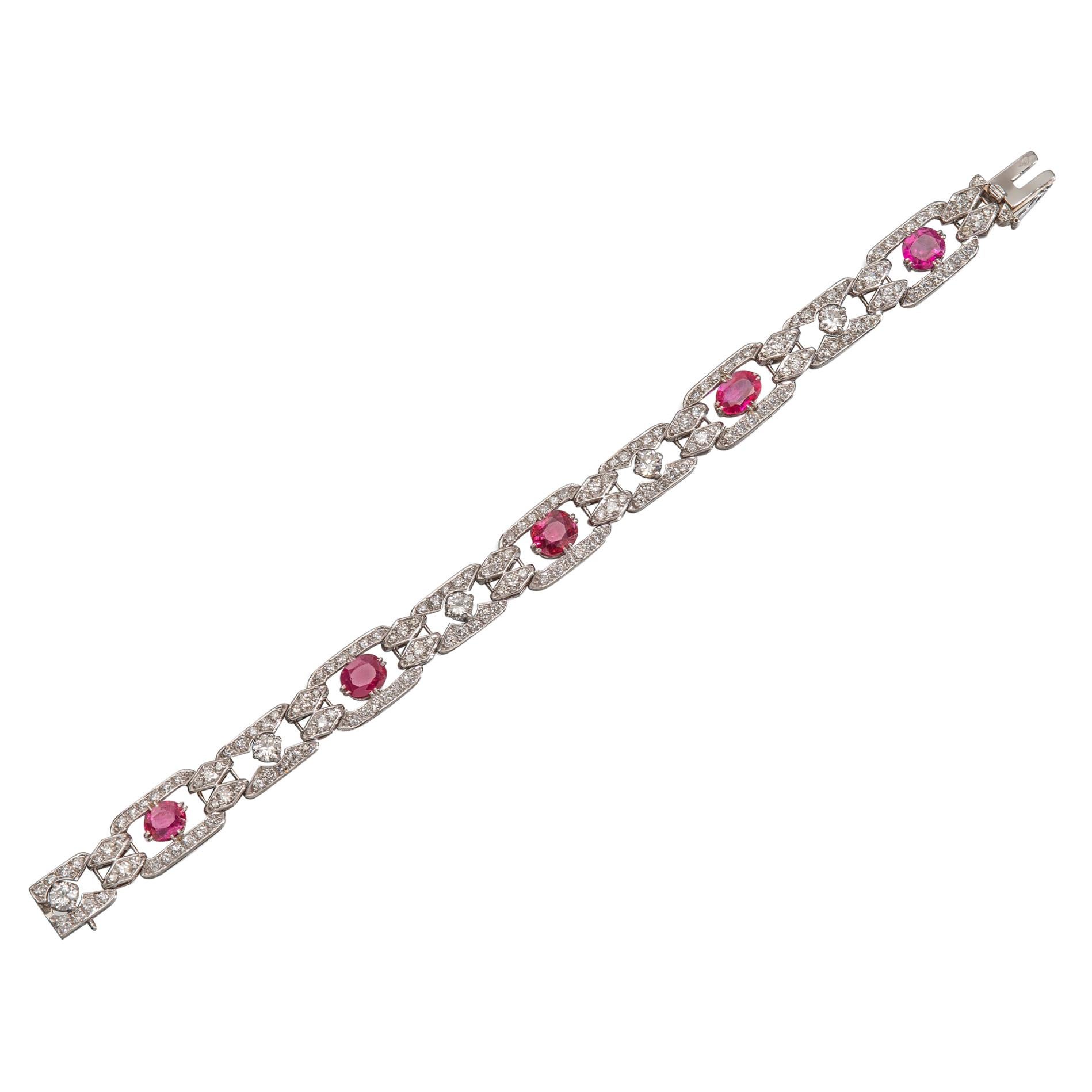 1920s Certificated Burmese Ruby and Diamond Bracelet For Sale