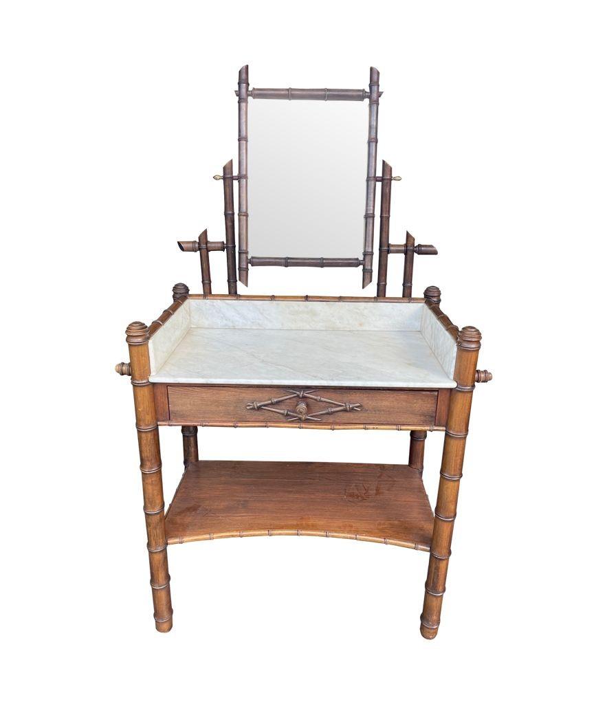 1920s Faux Bamboo and White Carrera Marble Dressing Table with Central Mirror For Sale 5