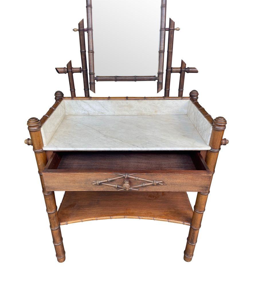 1920s Faux Bamboo and White Carrera Marble Dressing Table with Central Mirror For Sale 7