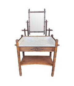1920s Faux Bamboo and White Carrera Marble Dressing Table with Central Mirror