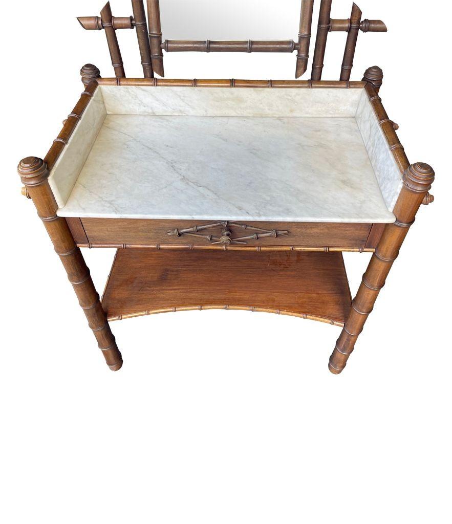 Brass 1920s Faux Bamboo and White Carrera Marble Dressing Table with Central Mirror For Sale