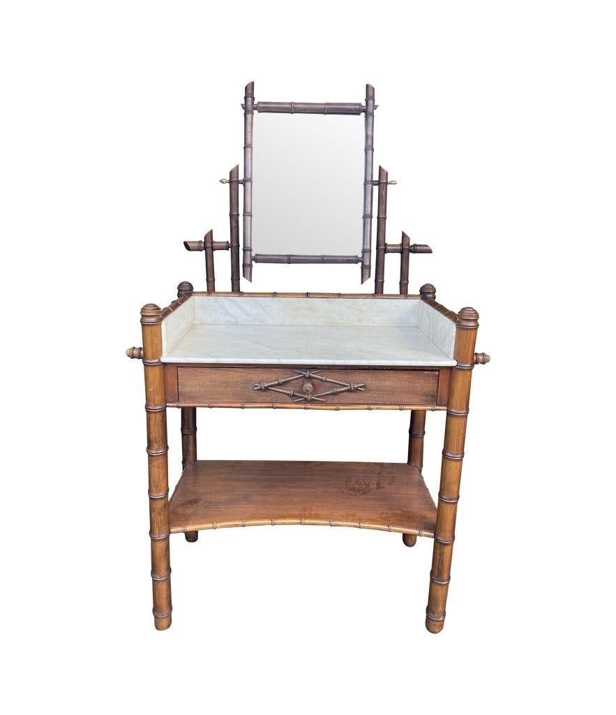 1920s Faux Bamboo and White Carrera Marble Dressing Table with Central Mirror For Sale 1