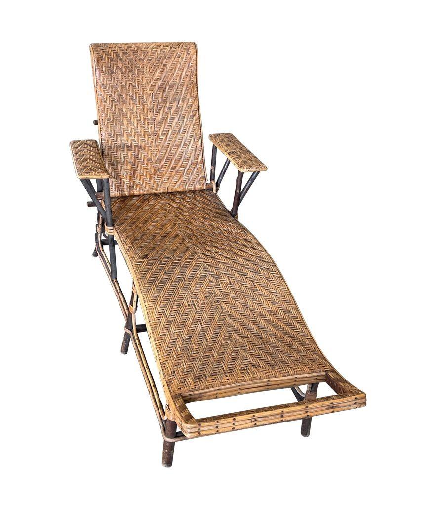 Art Deco 1920s French Riviera Adjustable Woven Rattan and Bamboo Sun Lounger For Sale