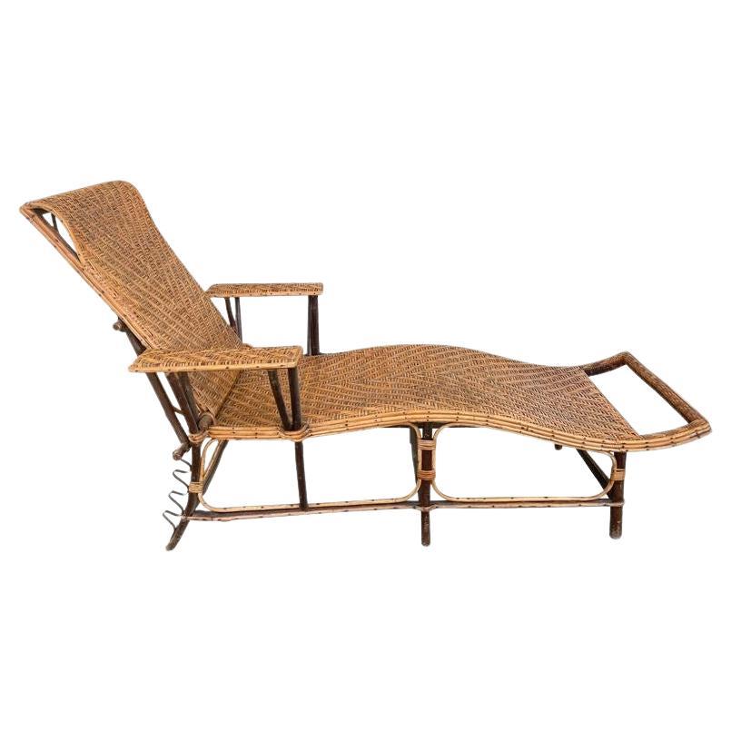 1920s French Riviera Adjustable Woven Rattan and Bamboo Sun Lounger For Sale
