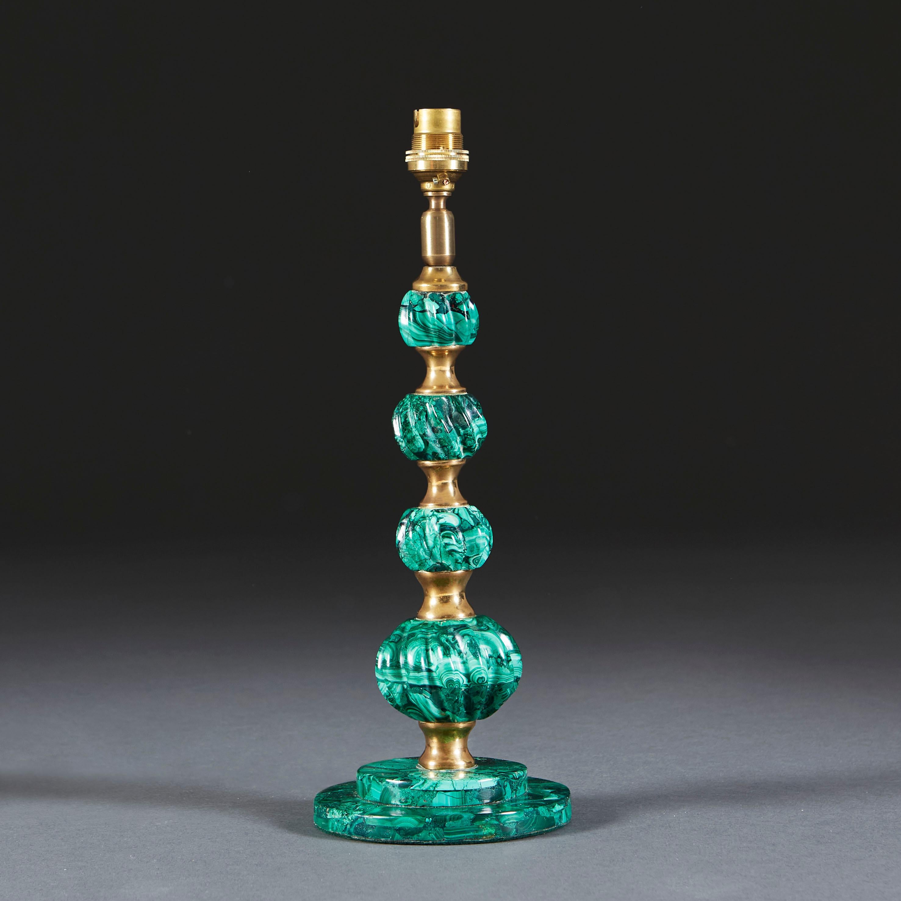 English 1920s Green Malachite and Brass Table Lamp