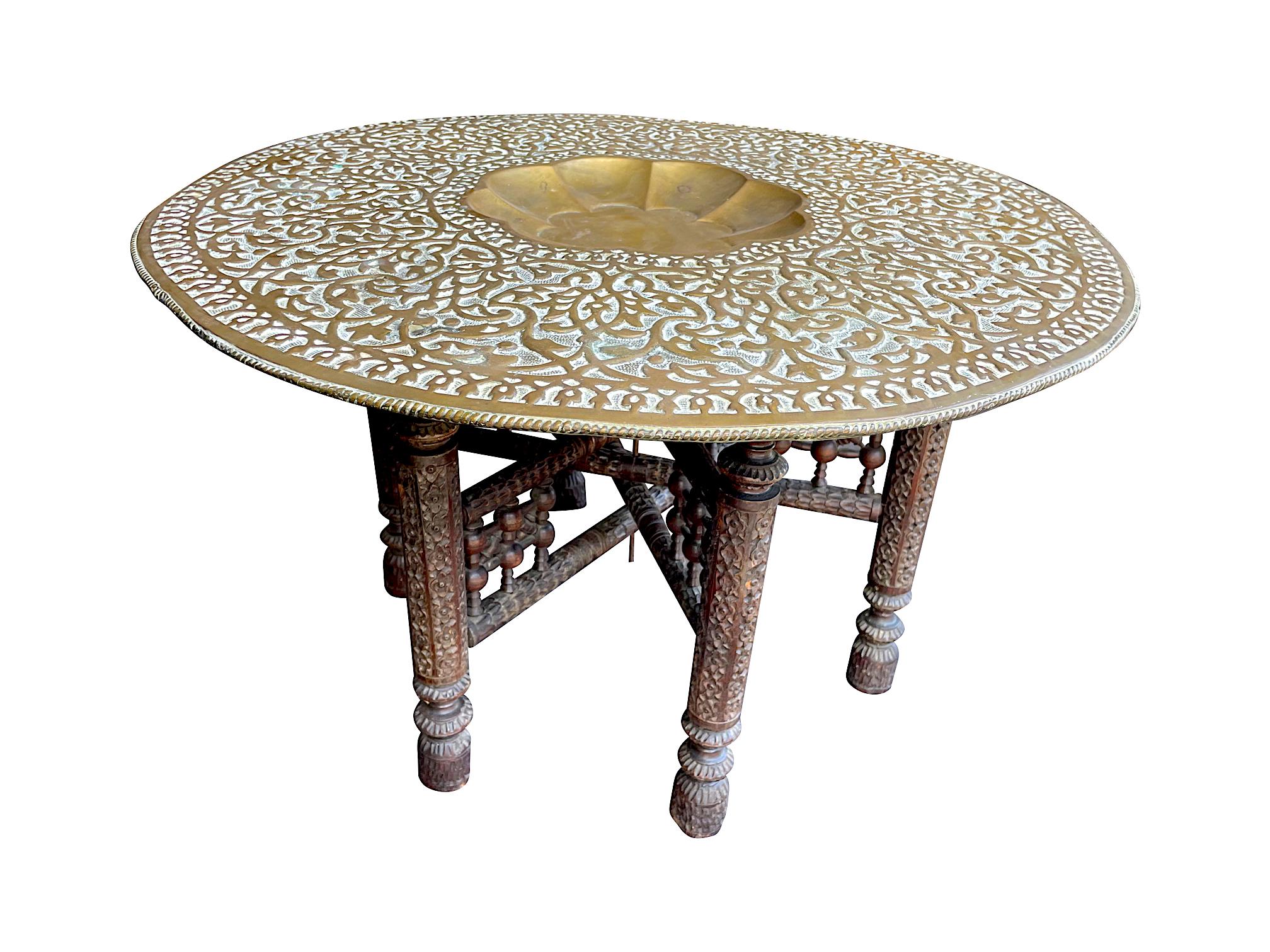 1920s Moroccan Carved Wooden Folding Table with Beautiful Hammered Brass Top 5