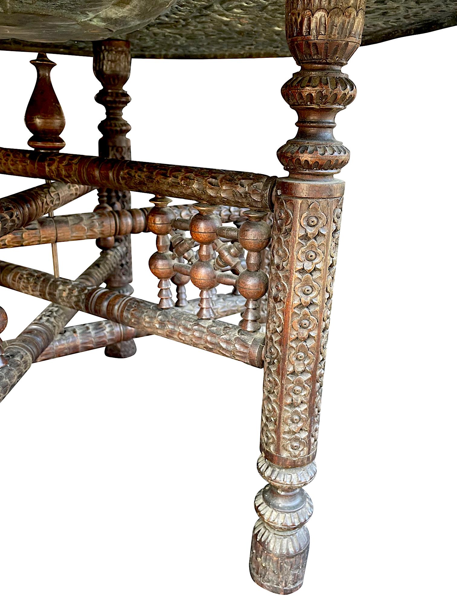 1920s Moroccan Carved Wooden Folding Table with Beautiful Hammered Brass Top 1