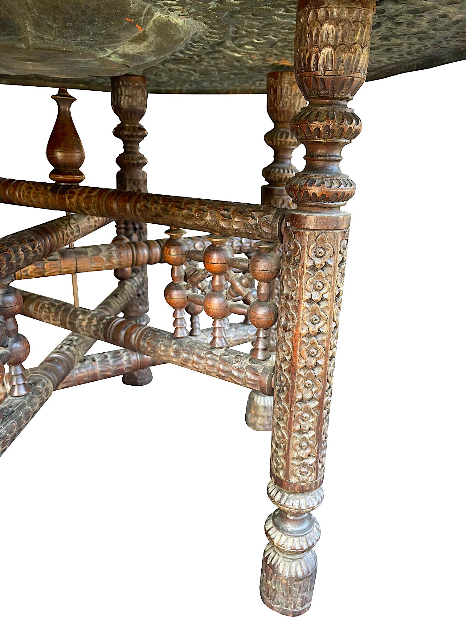 1920s Moroccan Carved Wooden Folding Table with Beautiful Hammered Brass Top 3