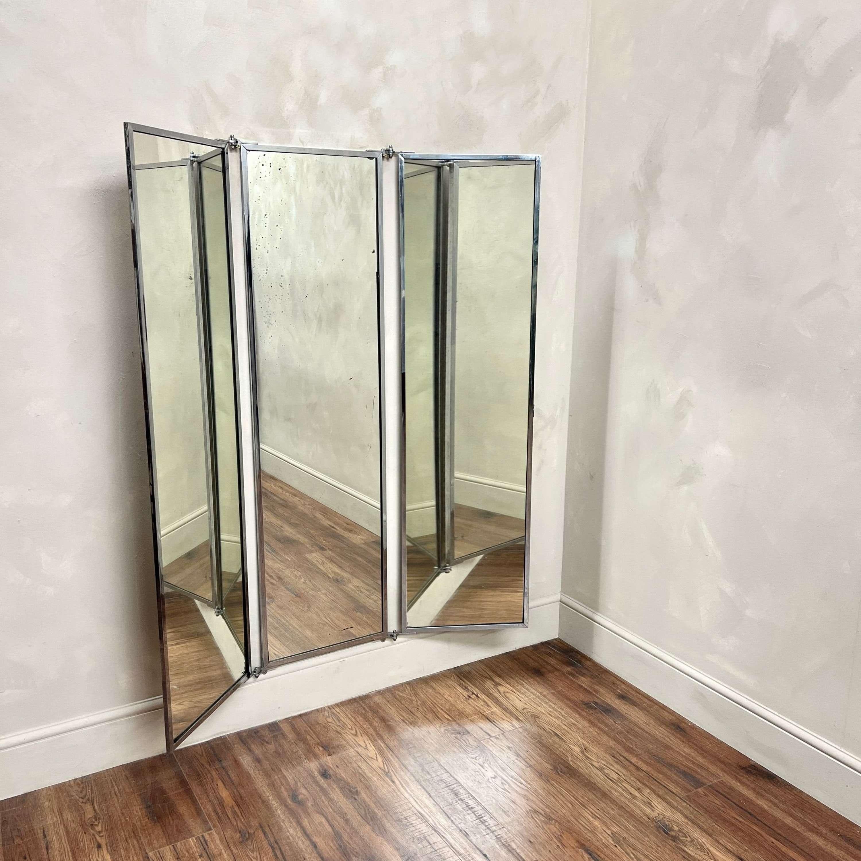 A 1920's, nickel plated Triptych Mirror of super quality. Probbaly by renowned maker Miroir Brot.
This mirror can be folded flat and 