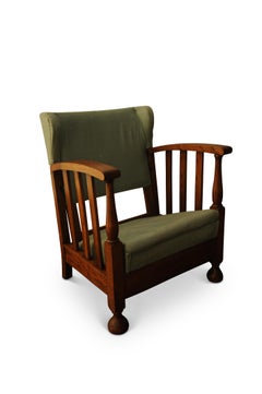1928 Art Deco Oak Open Reclining Armchair with Green Upholstery