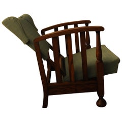 1928 Art Deco Oak Open Reclining Armchair with Green Upholstery