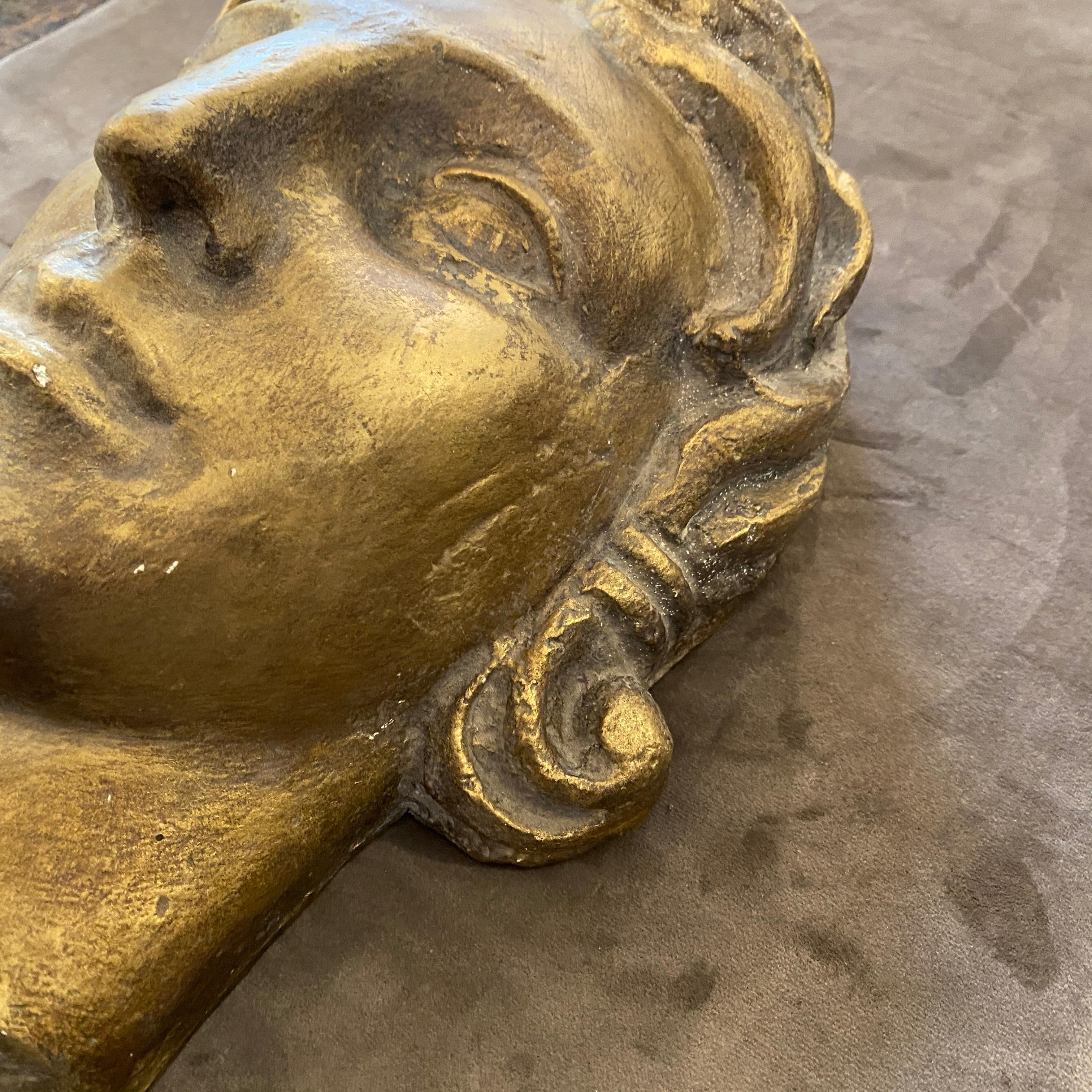 Hand-Crafted 1930s Art Deco Gilded Plaster Italian Sculpture of an Head