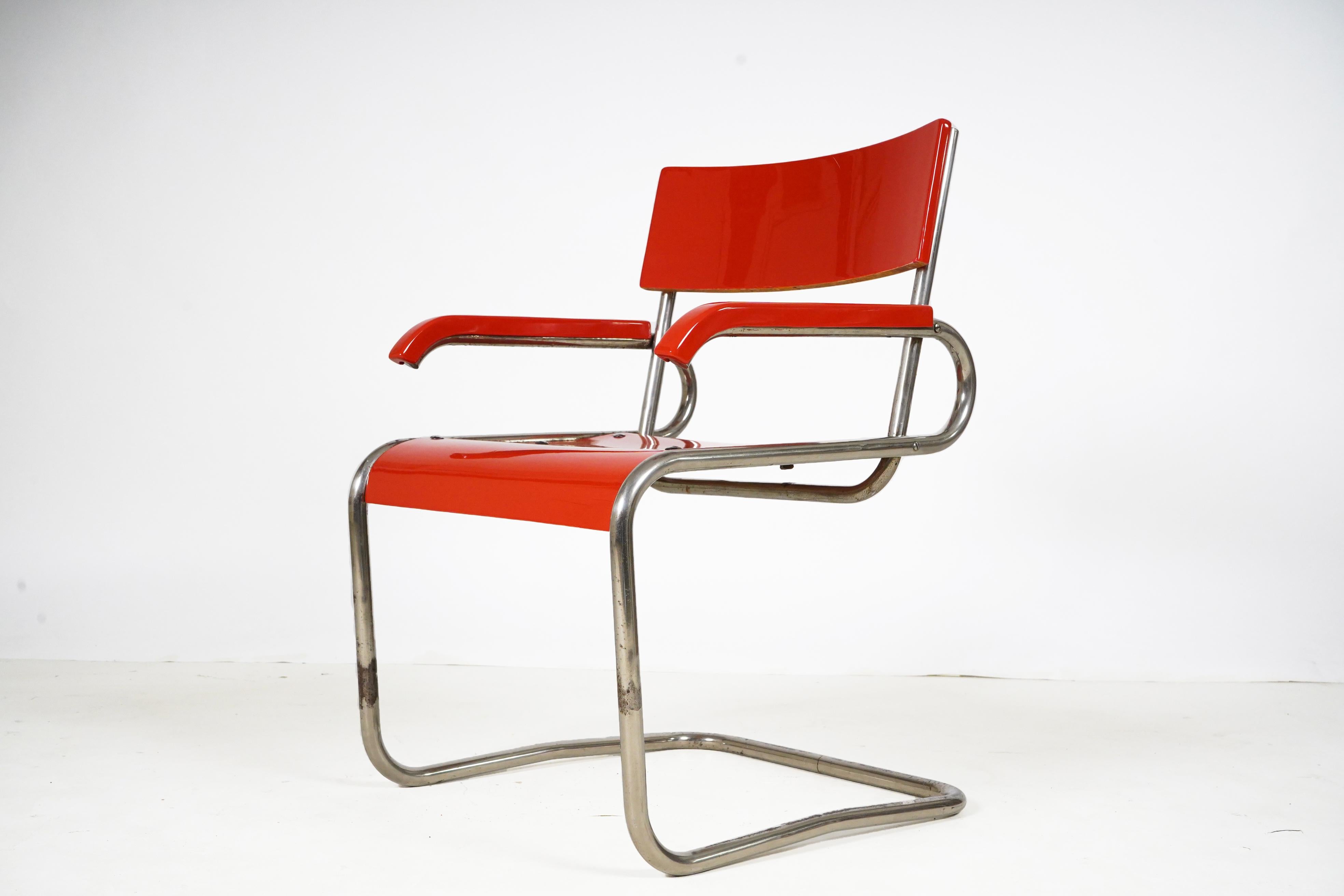 This Bauhaus-inspired Czech chair was once used in a modern office in Prague. During the 1930's, Czech artists, writers and furniture makers were inspired by modernist theories and experimented with new designs of every kind. The Bauhaus school in