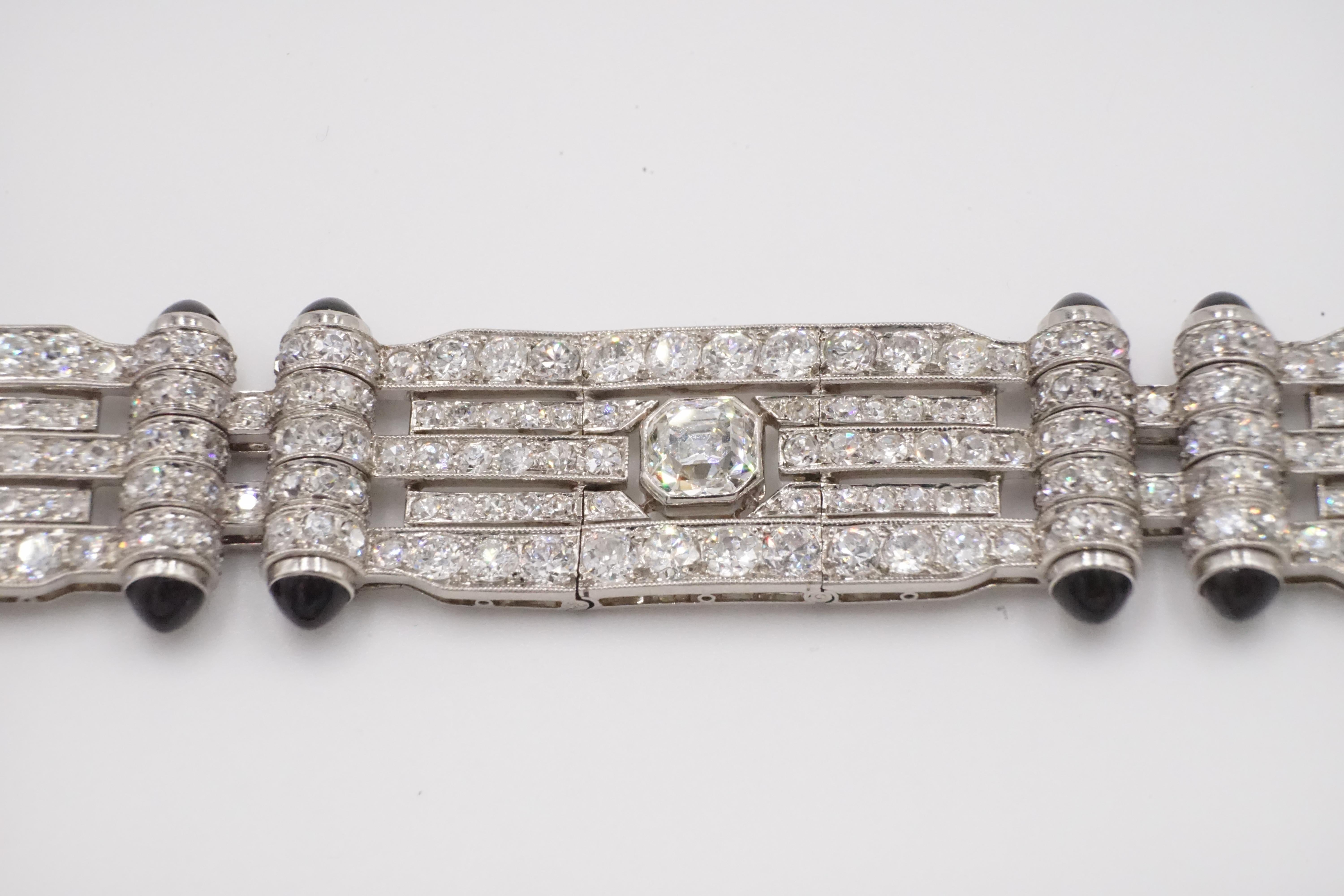 Asscher Cut 1930s Diamond, Platinum an Black Onyx Bracelet / Choker with French Assay Mark For Sale