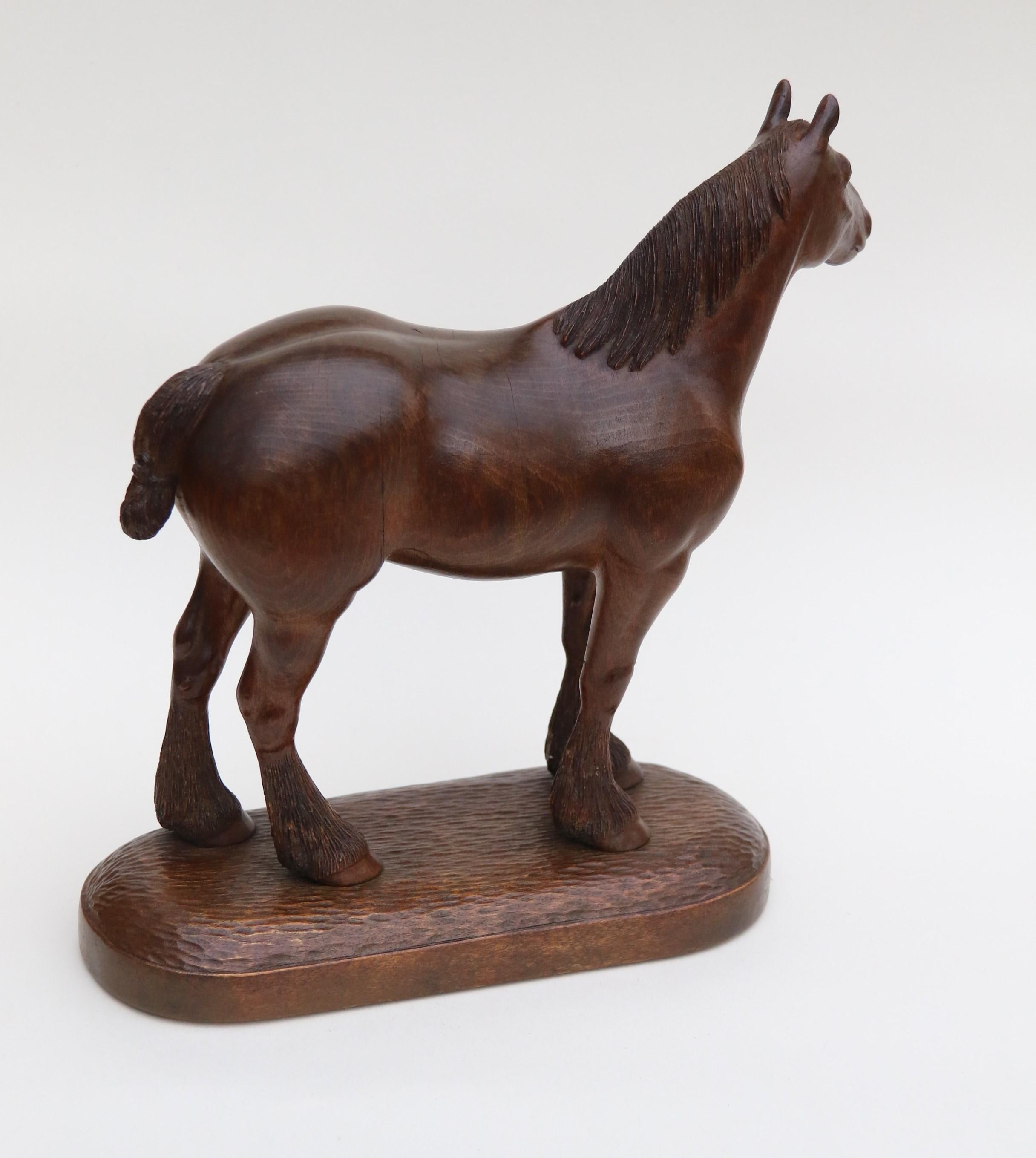 A 1930s English hand carved study of a Belgian draught horse stallion. In Good Condition For Sale In Central England, GB