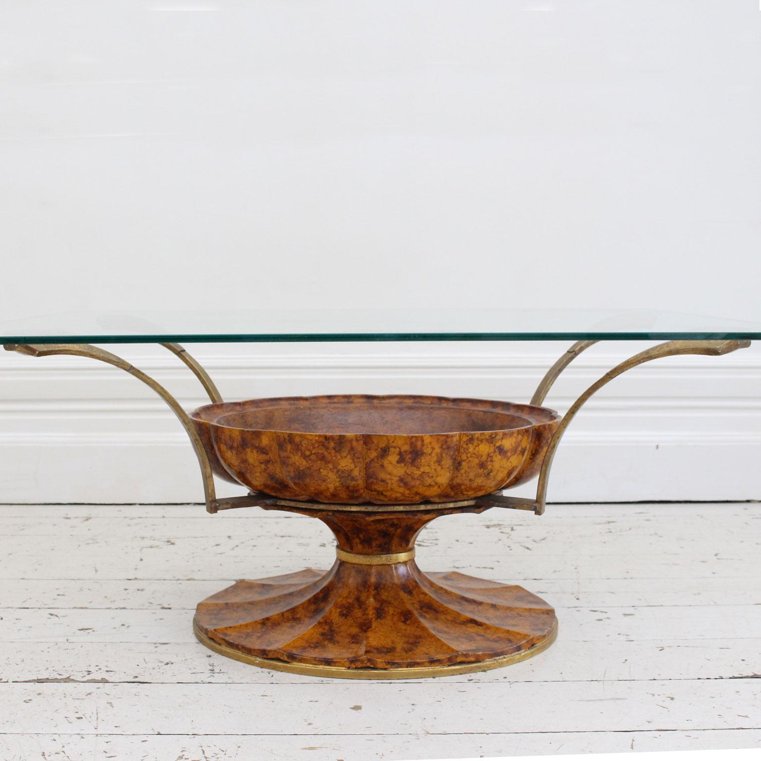 Wood 1930s Faux Tortoiseshell Italian Coffee Table with Glass Top