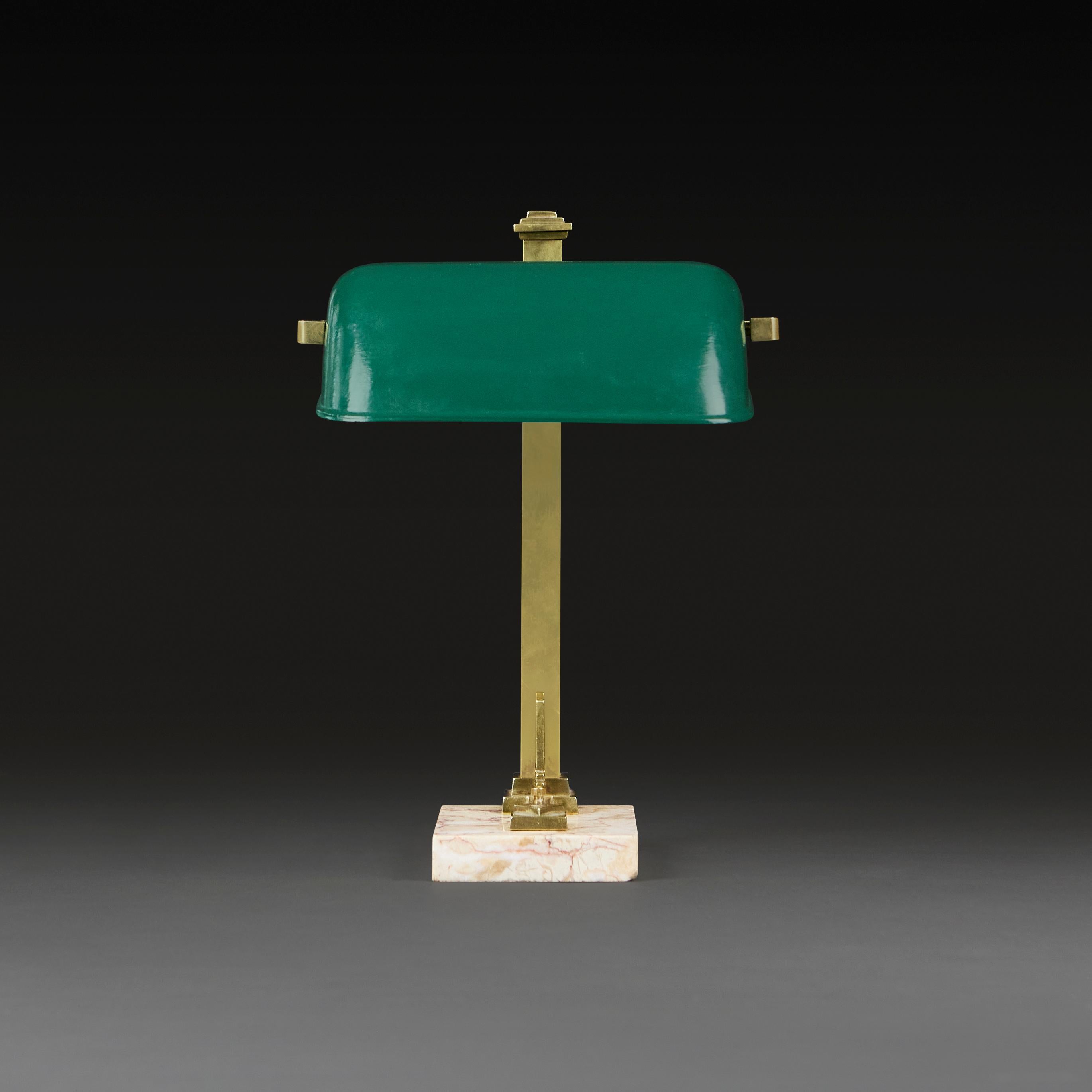 A 1930s French Art Deco Desk Lamp in Brass, Marble and Green Enamel For Sale 1