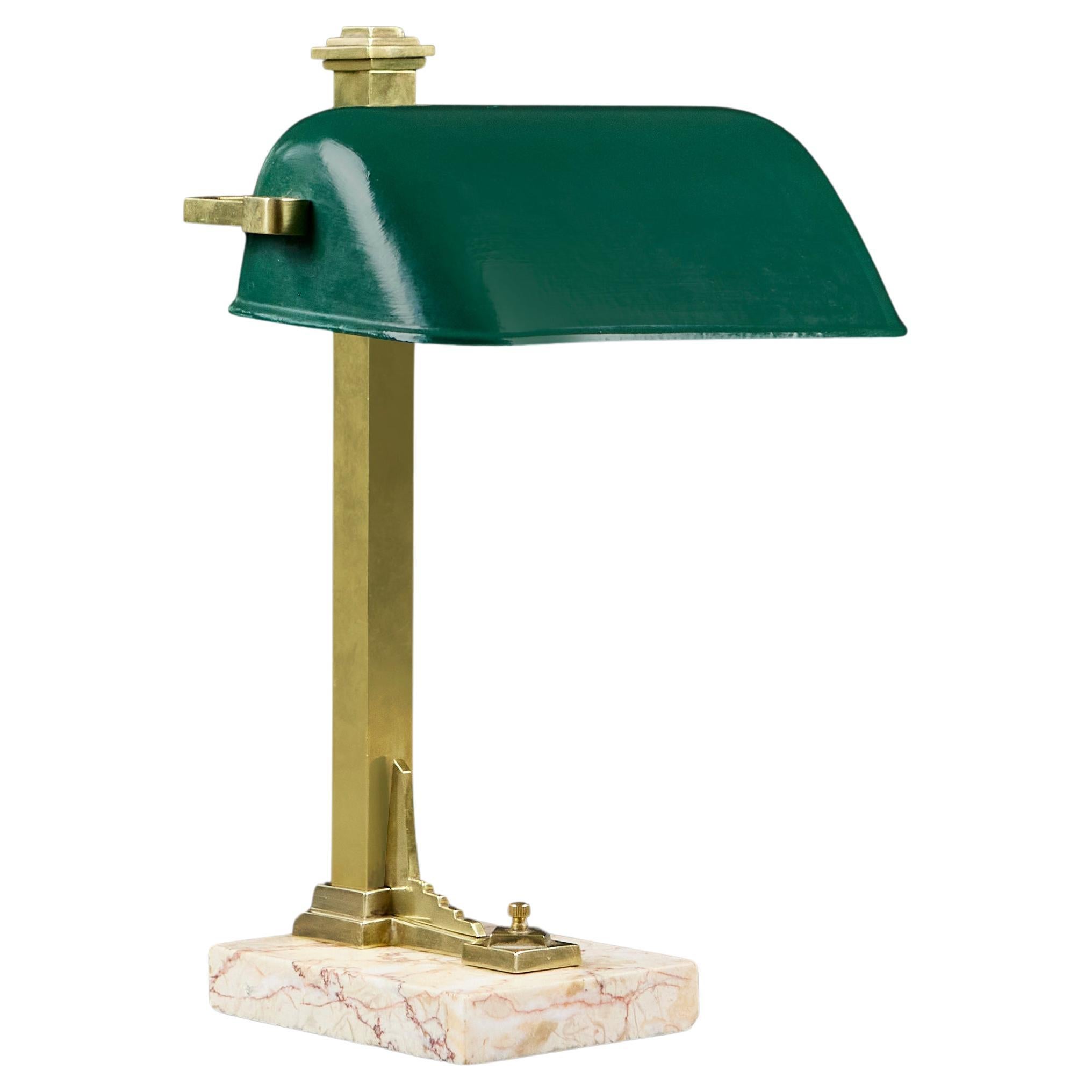 A 1930s French Art Deco Desk Lamp in Brass, Marble and Green Enamel For Sale