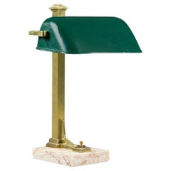 Antique A 1930s French Art Deco Desk Lamp in Brass, Marble and Green Enamel