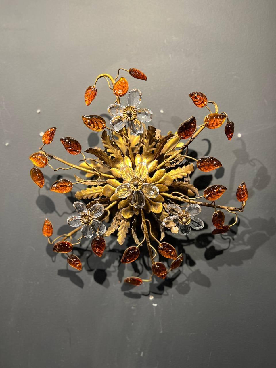 1930's French Bagues Flush Mount with Orange Glass Leaves In Good Condition For Sale In New York, NY